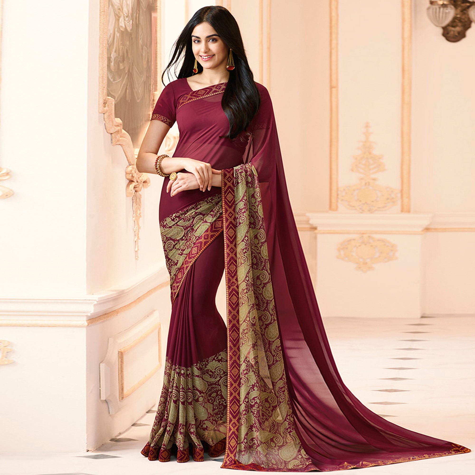 Maroon Printed Georgette Saree With Lace Border