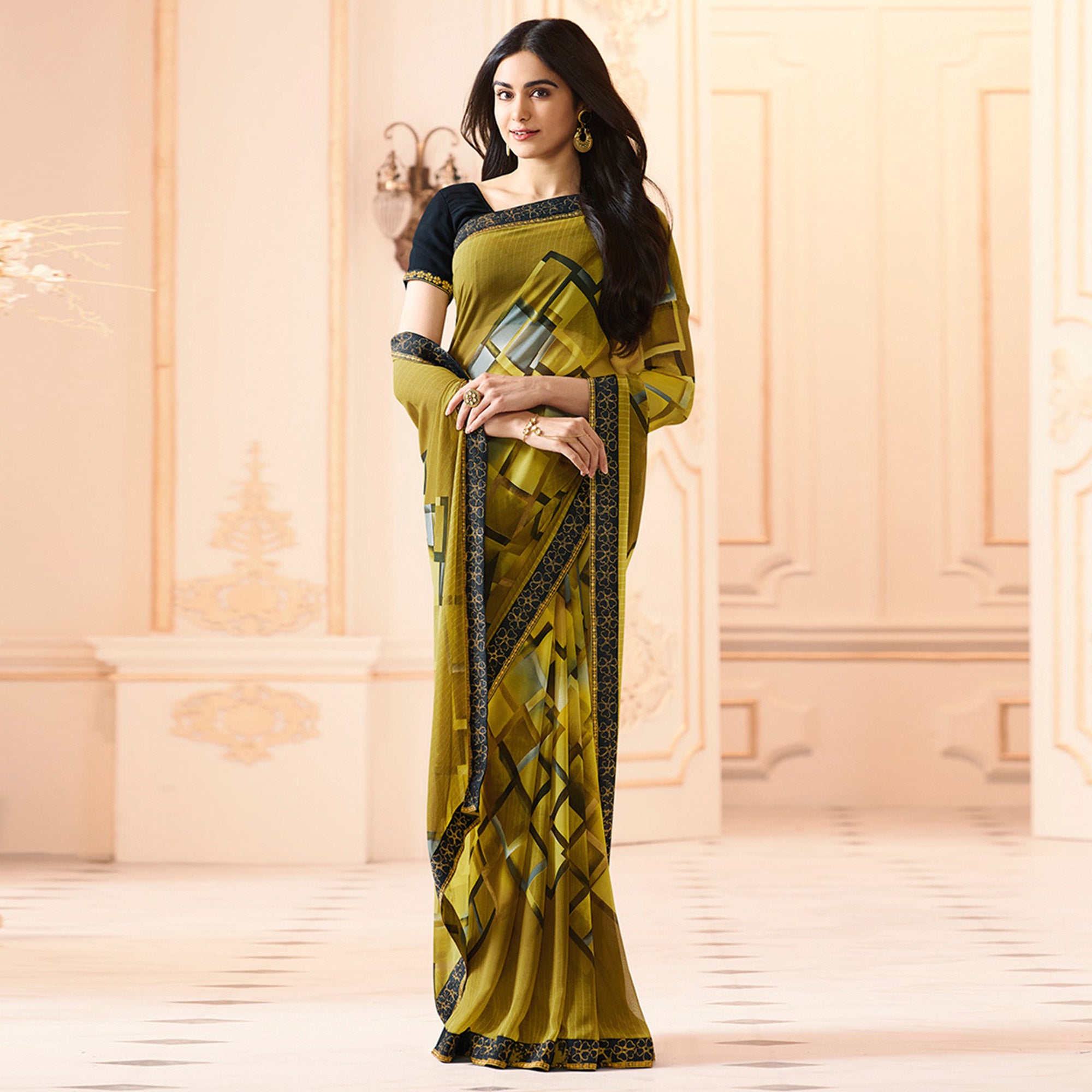 Mehendi Green Printed Georgette Saree With Lace Border