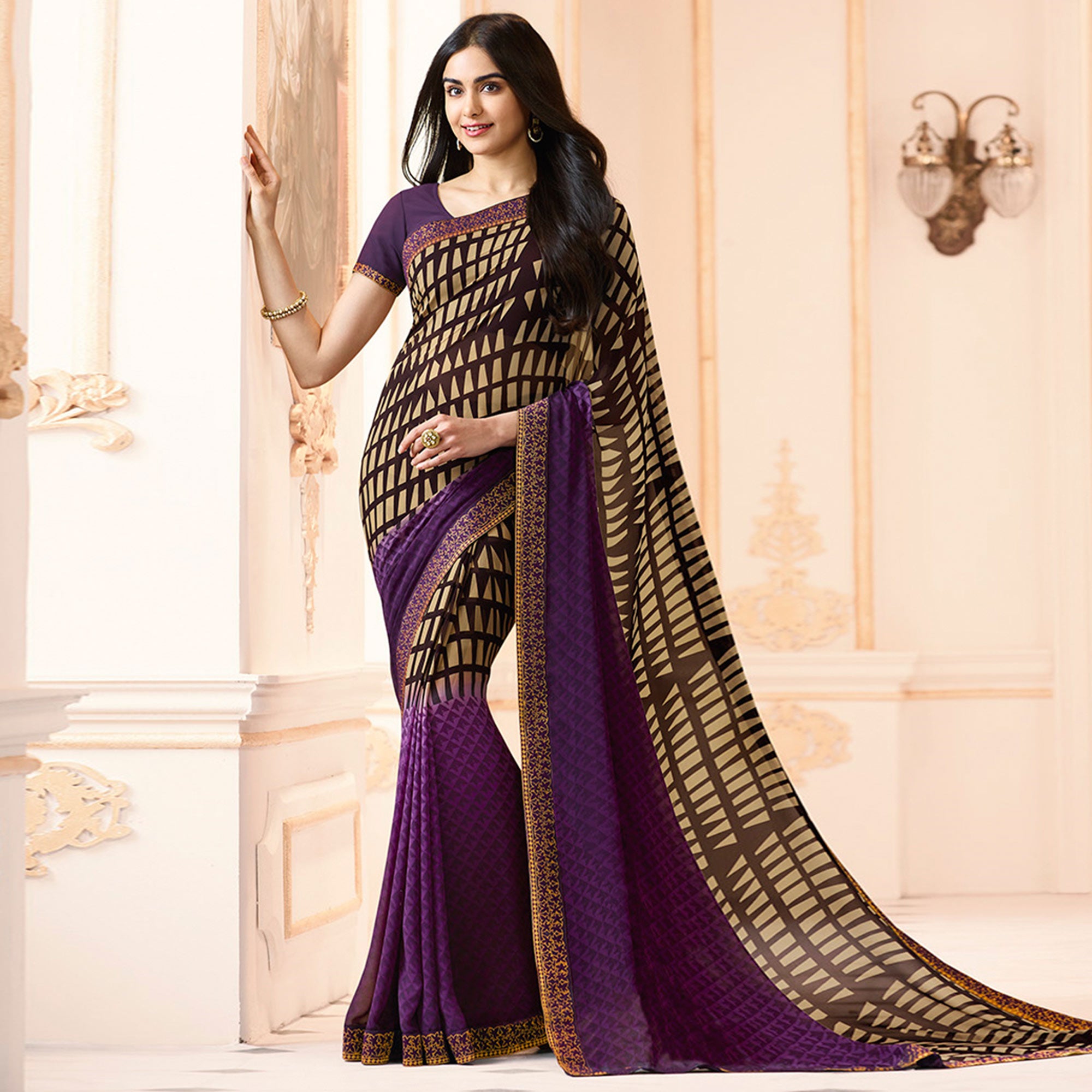 Purple Printed Georgette Saree With Lace Border