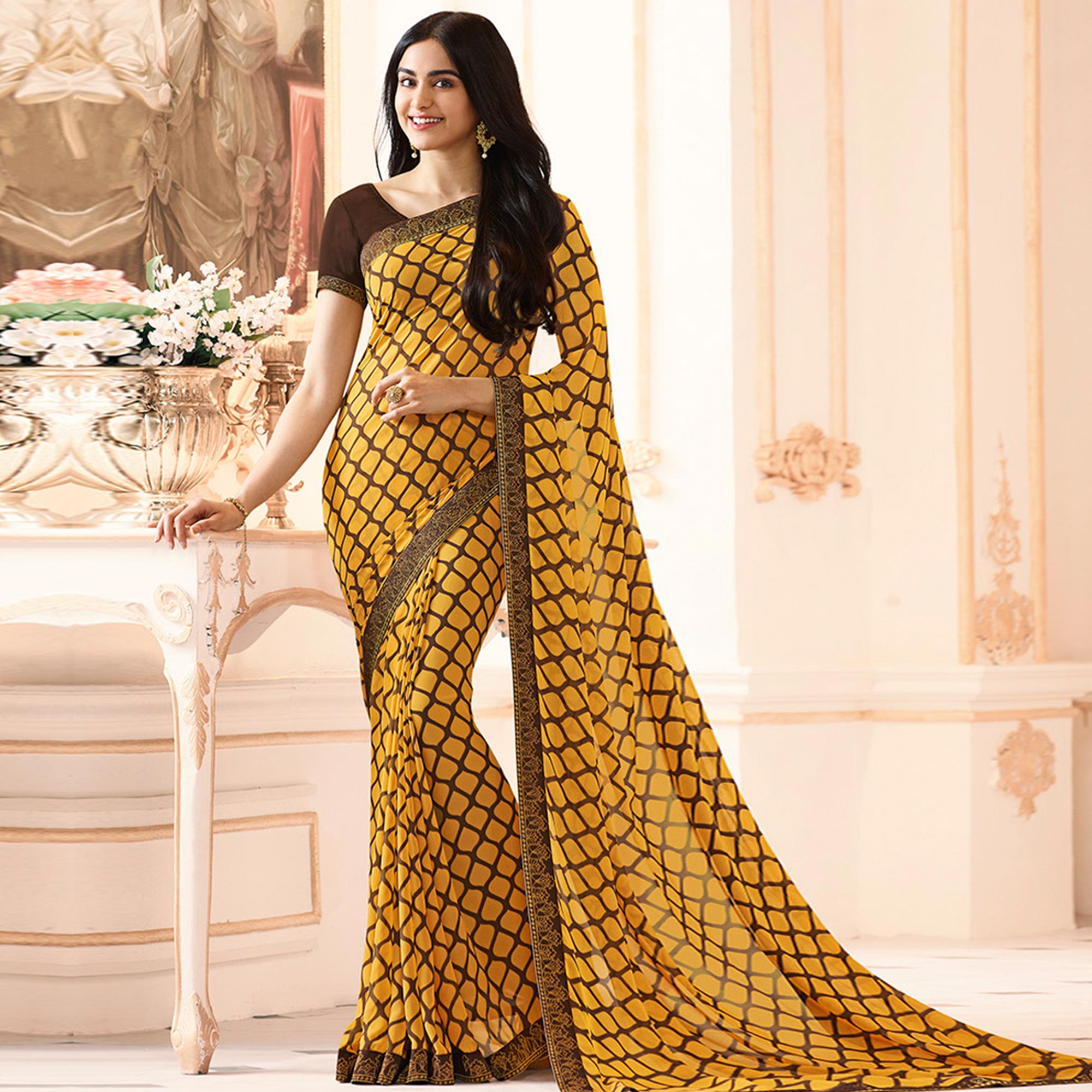 Yellow Printed Georgette Saree With Lace Border