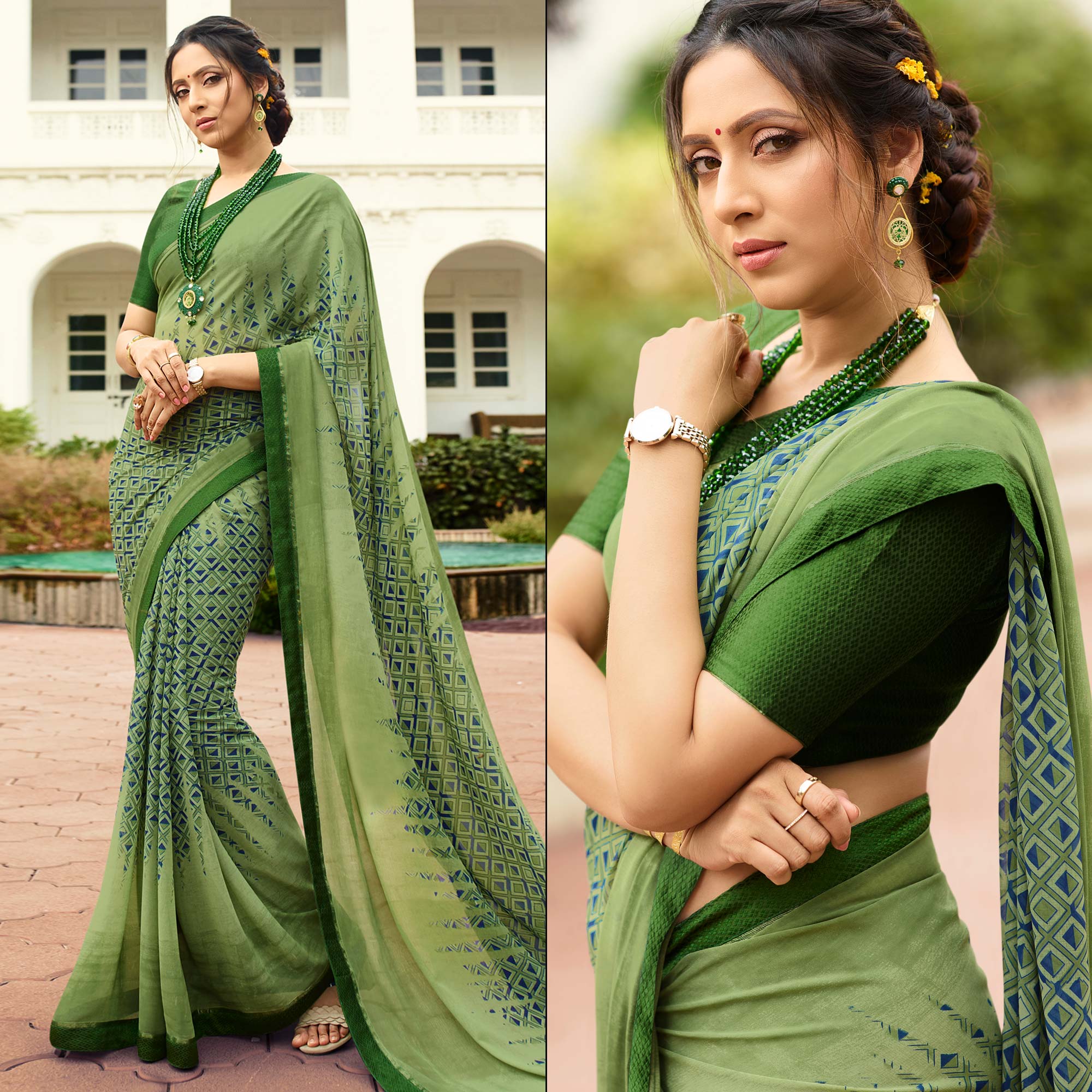 Green Printed Georgette Saree