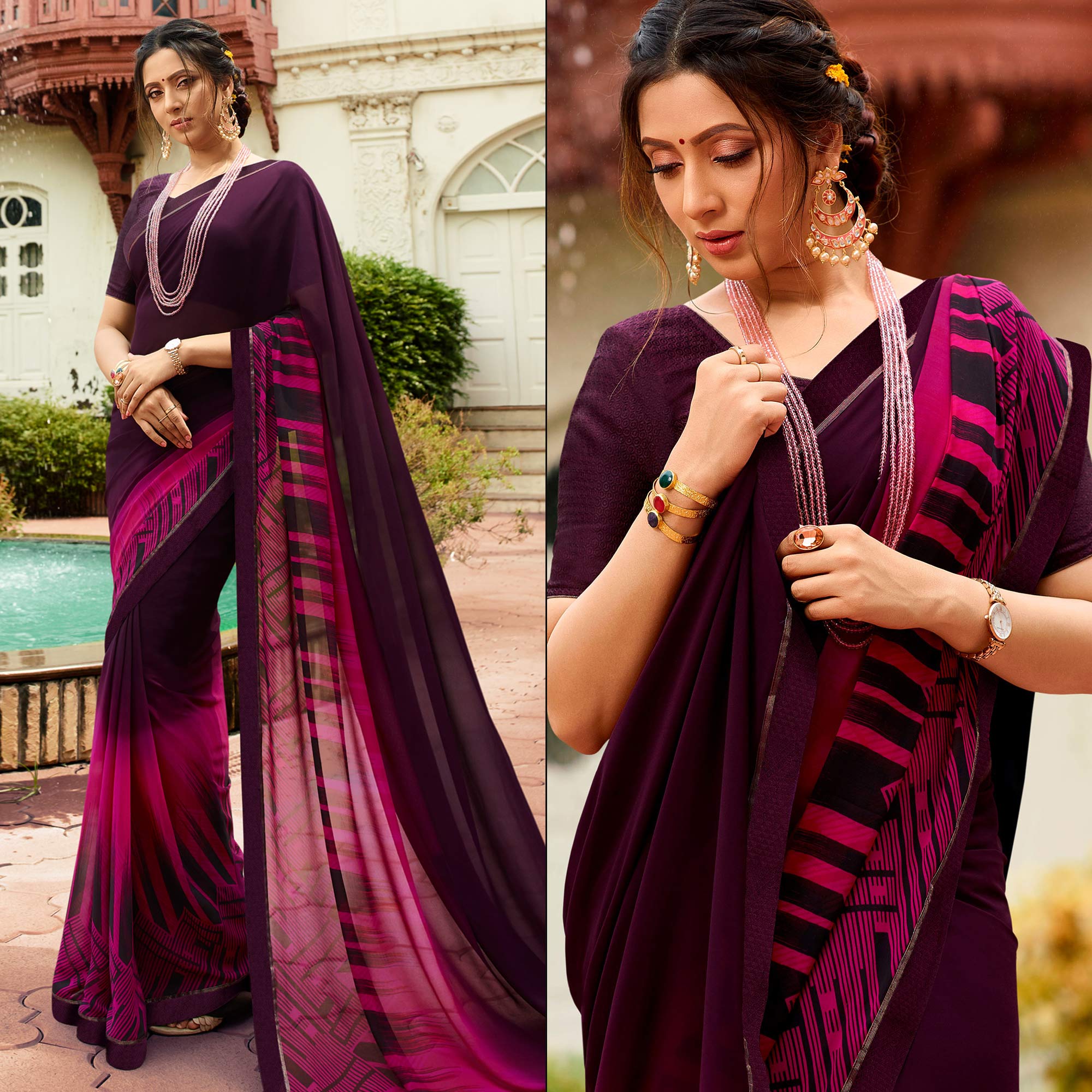 Purple Printed Georgette Saree