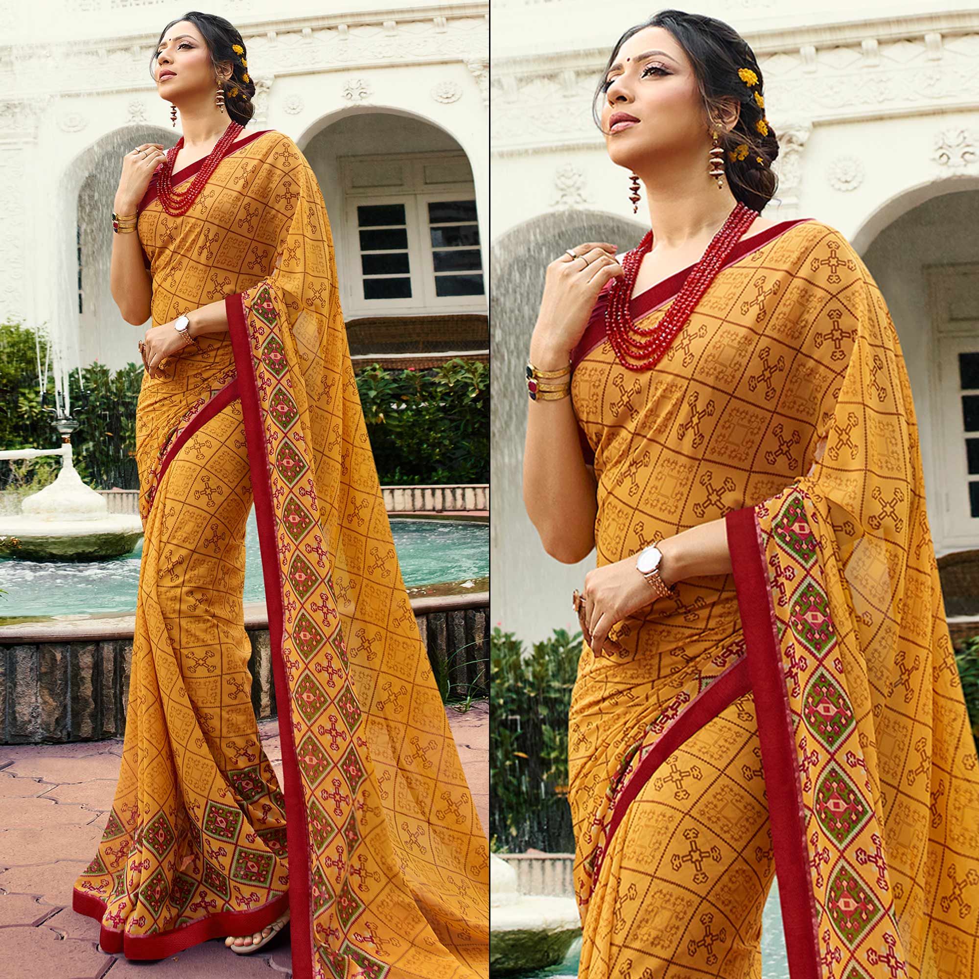 Yellow Printed Georgette Saree