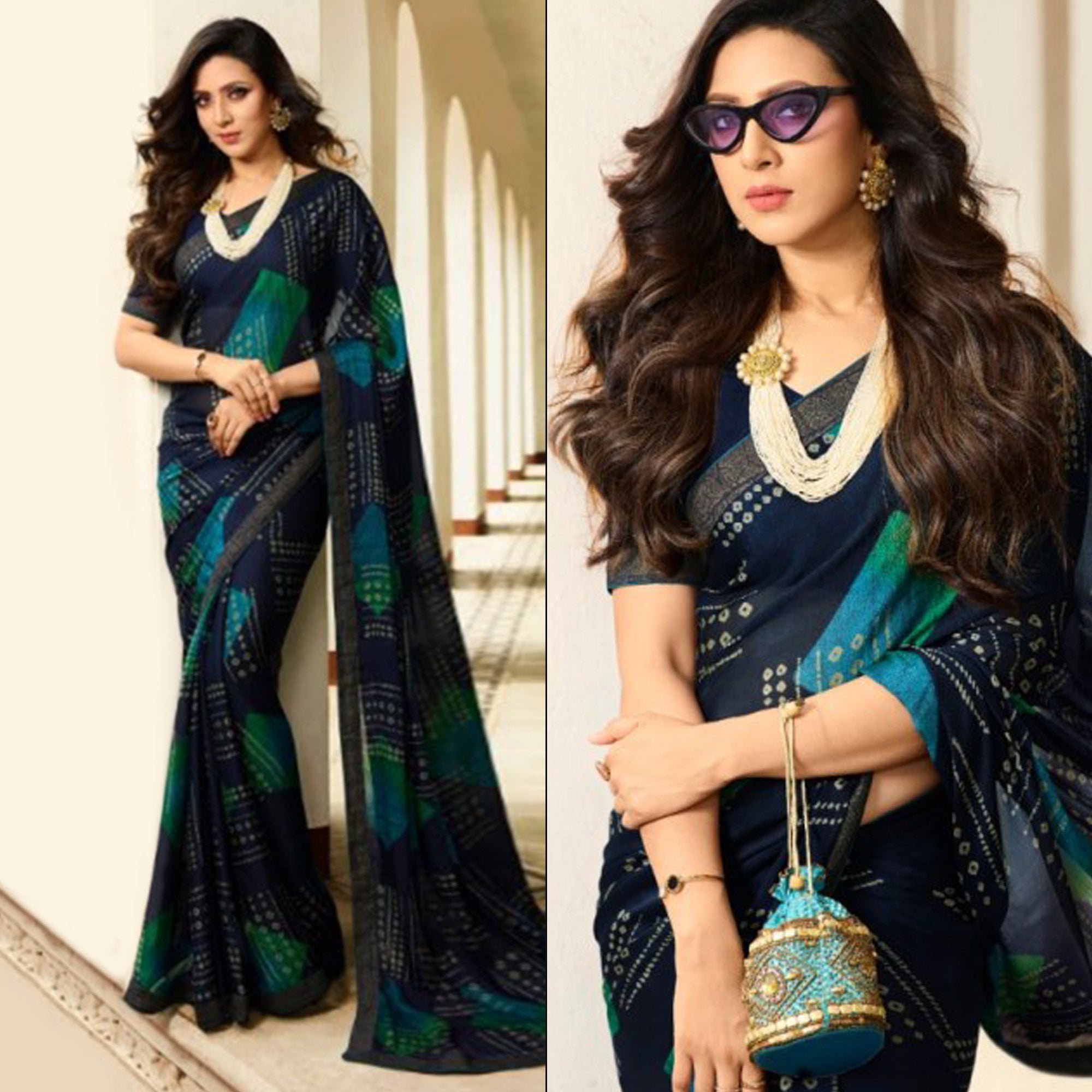 Blue Bandhani Printed Art Silk Saree With Lace Border