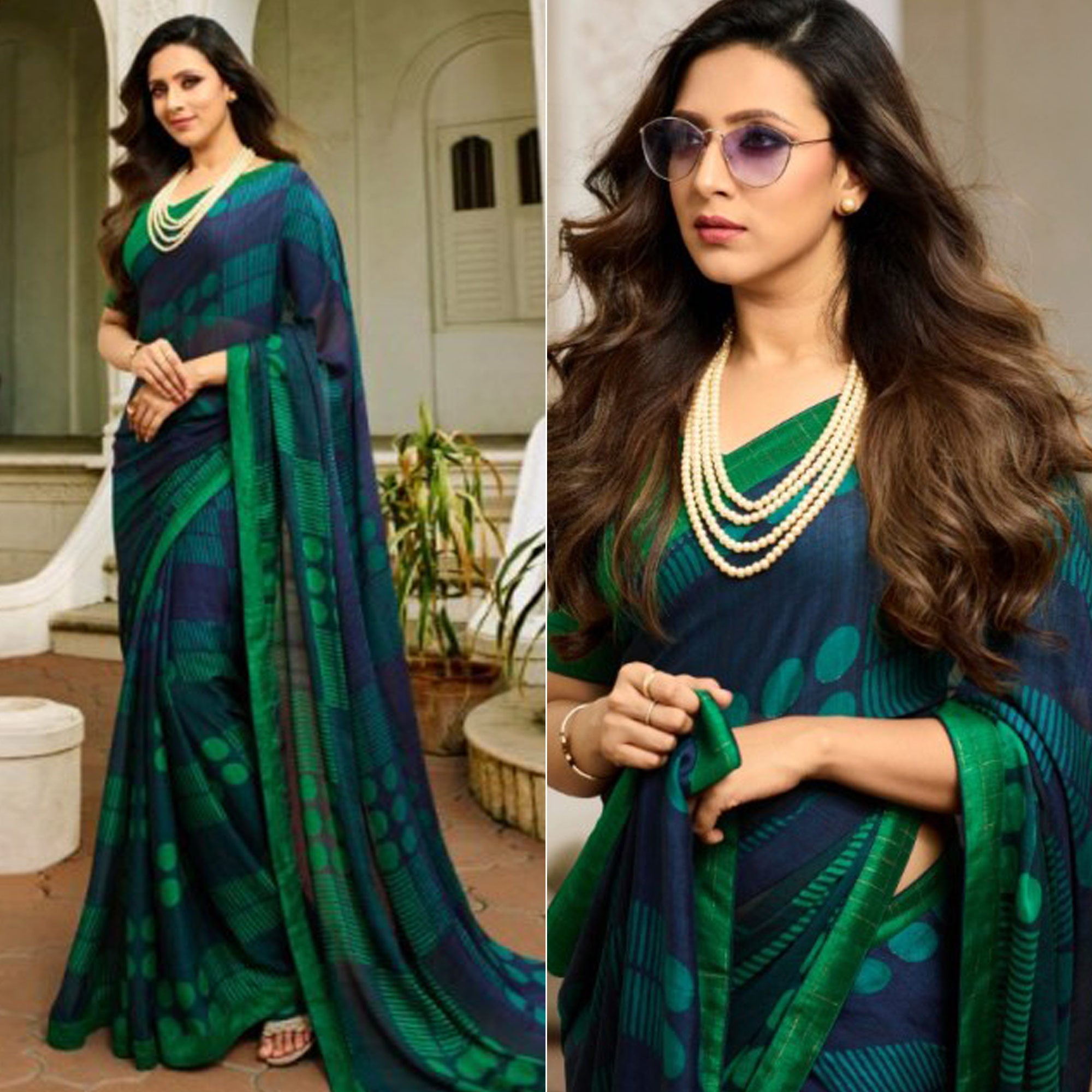 Blue & Green Printed Art Silk Saree With Lace Border