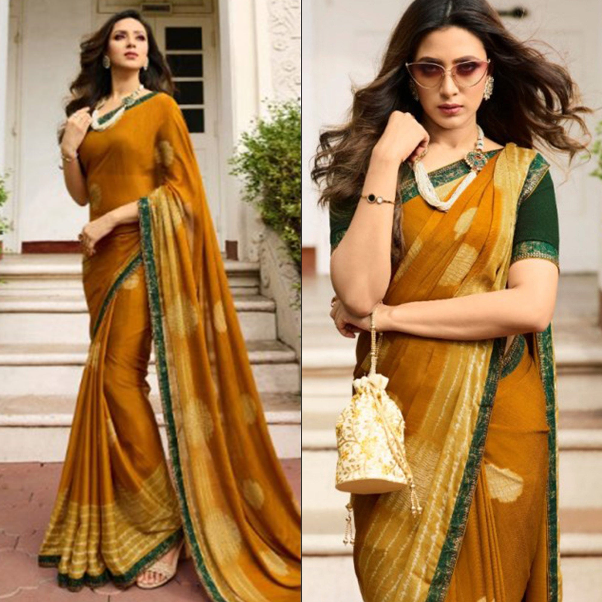 Mustard Printed Art Silk Saree With Lace Border