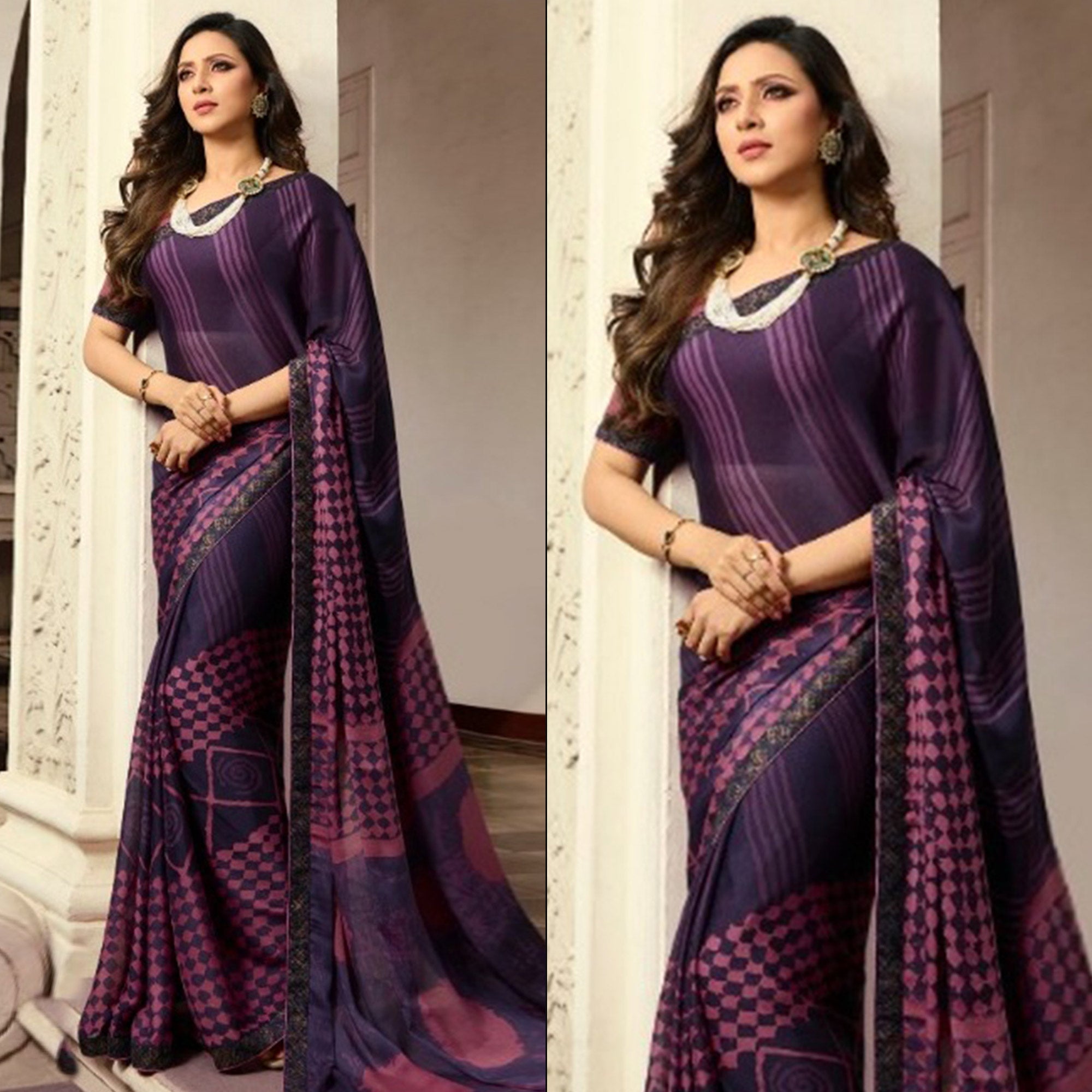 Violet Printed Art Silk Saree With Lace Border
