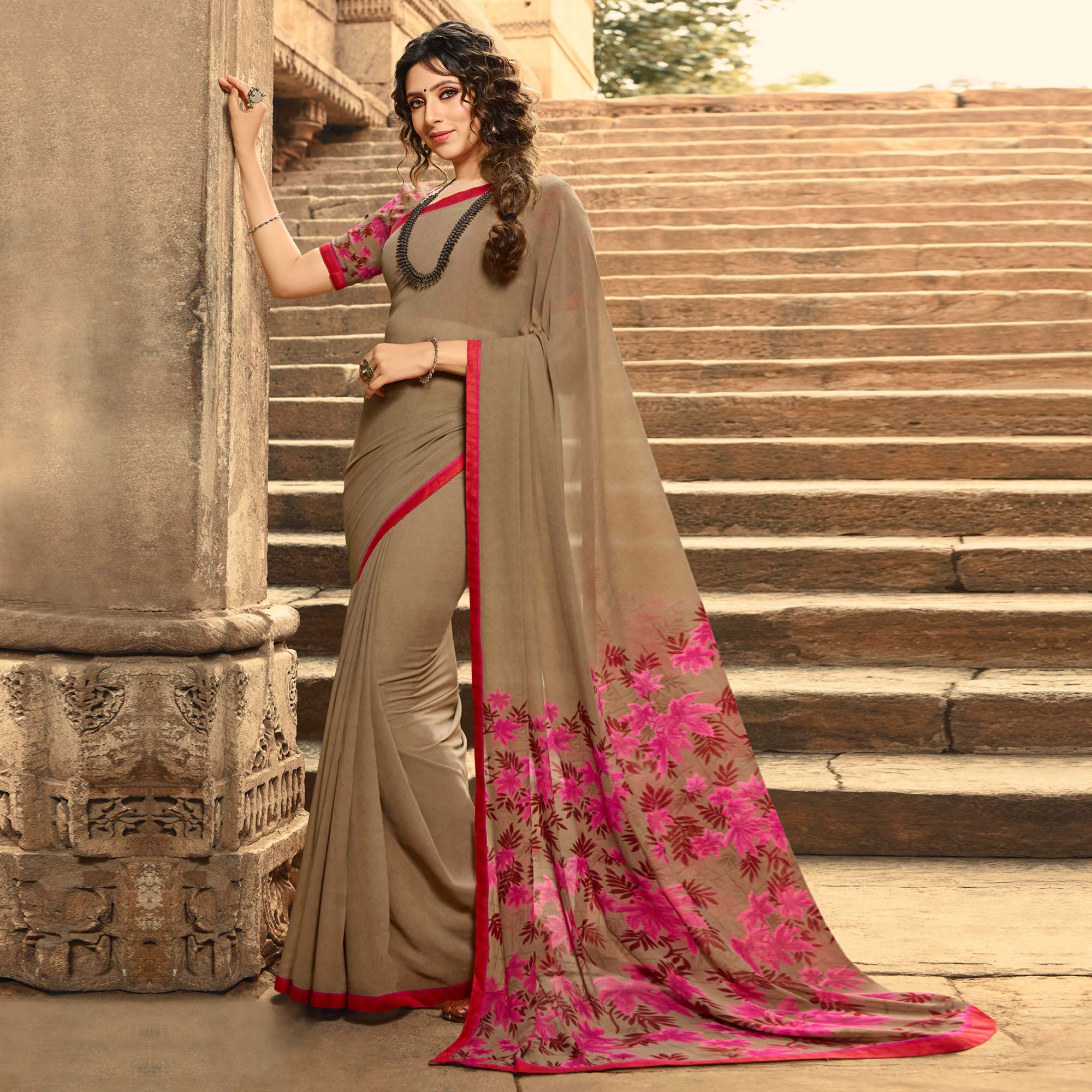 Brown Printed Georgette Saree With Lace Border