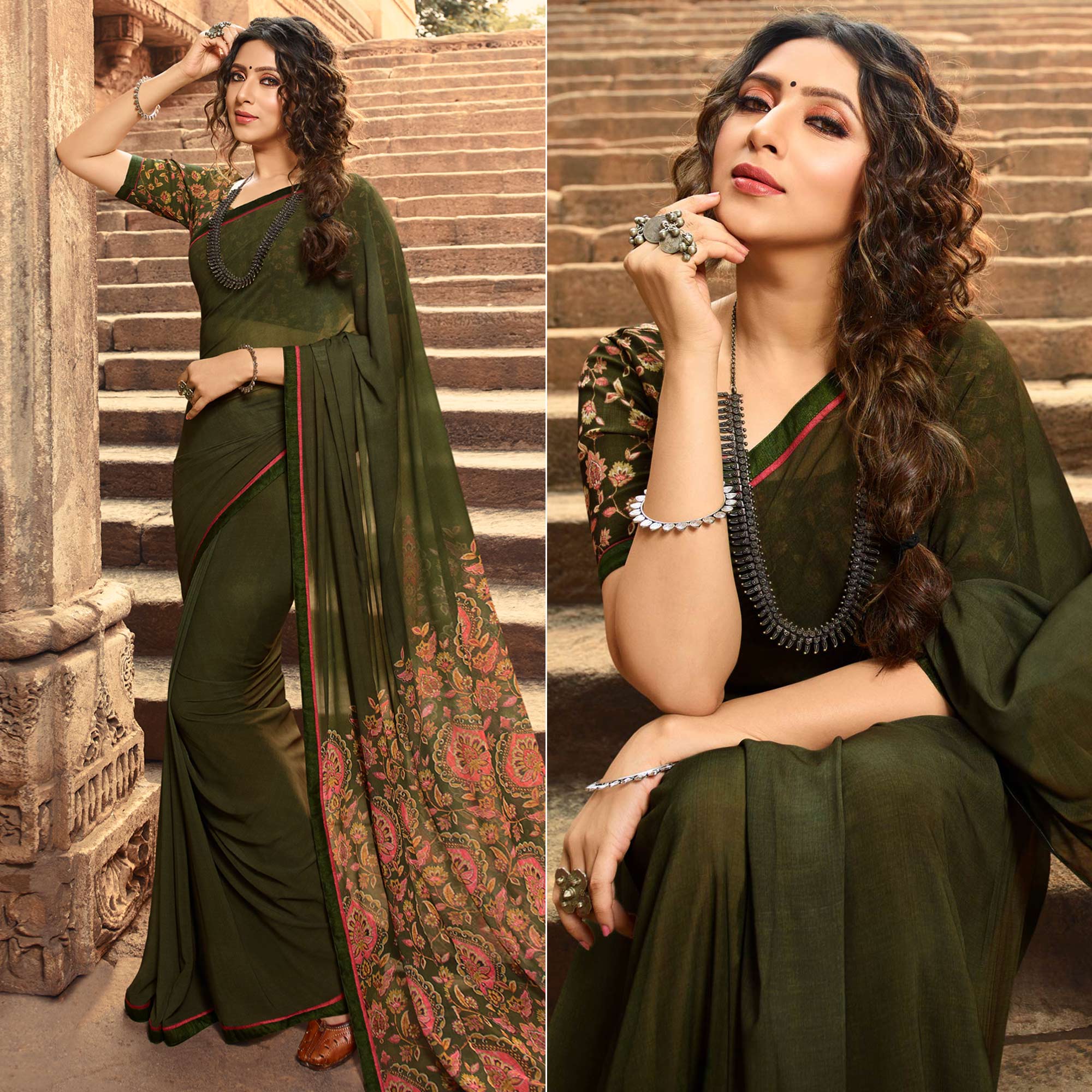 Green Printed Georgette Saree With Lace Border