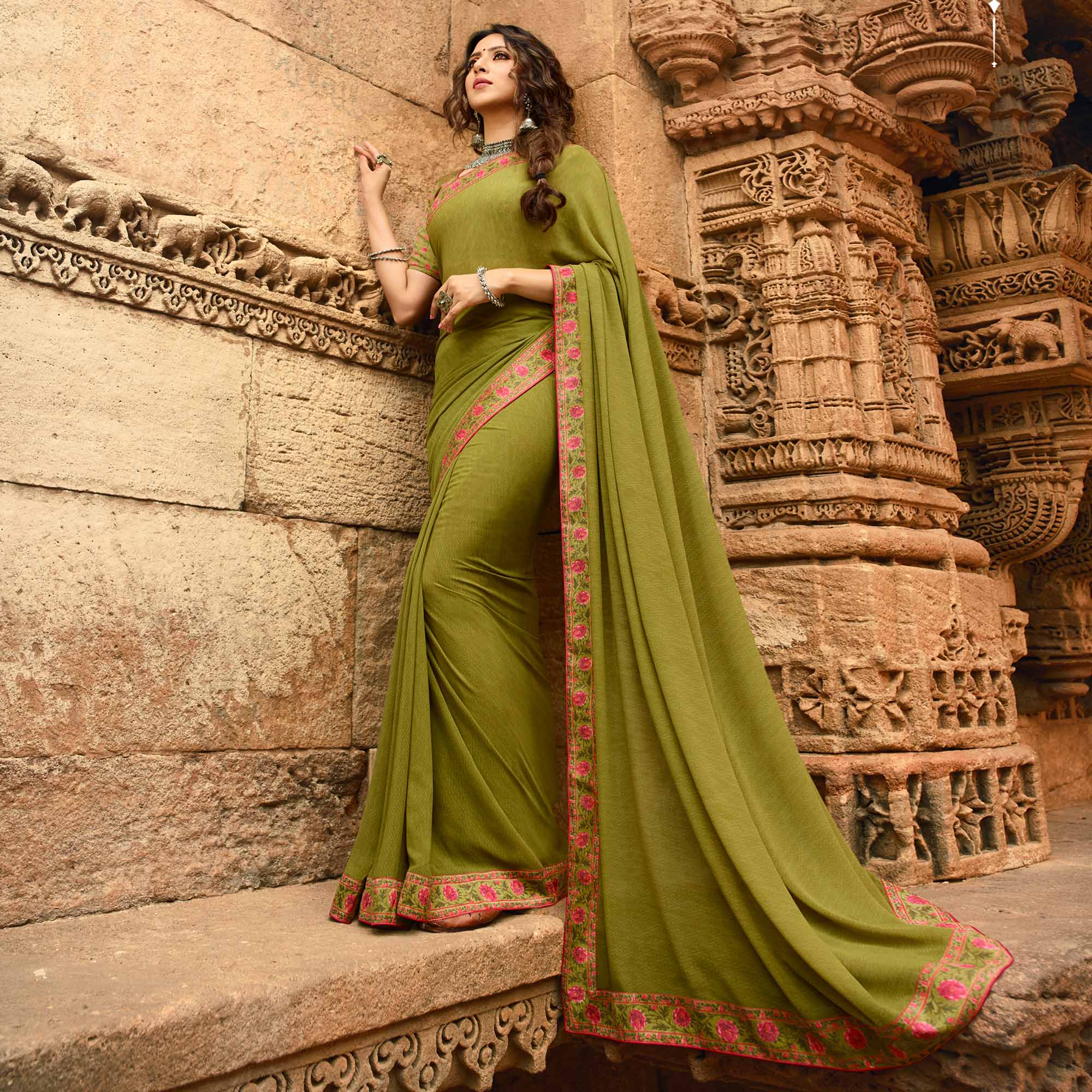Olive Green Printed Georgette Saree With Lace Border