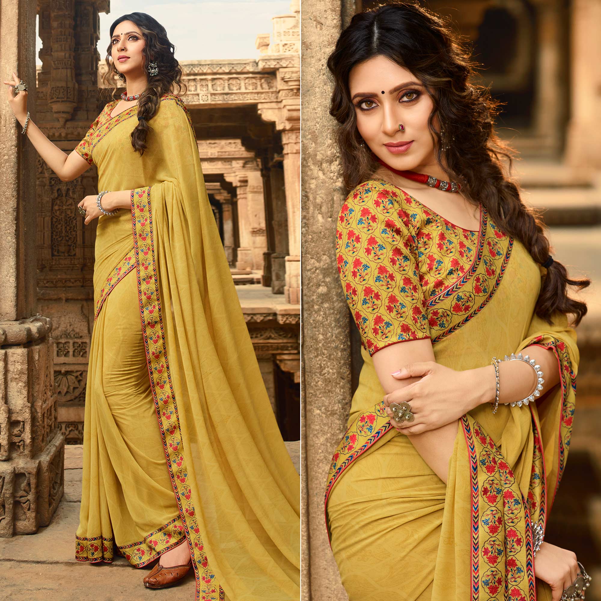 Yellow Printed Georgette Saree With Lace Border