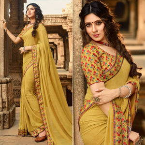 Yellow Printed Georgette Saree With Lace Border
