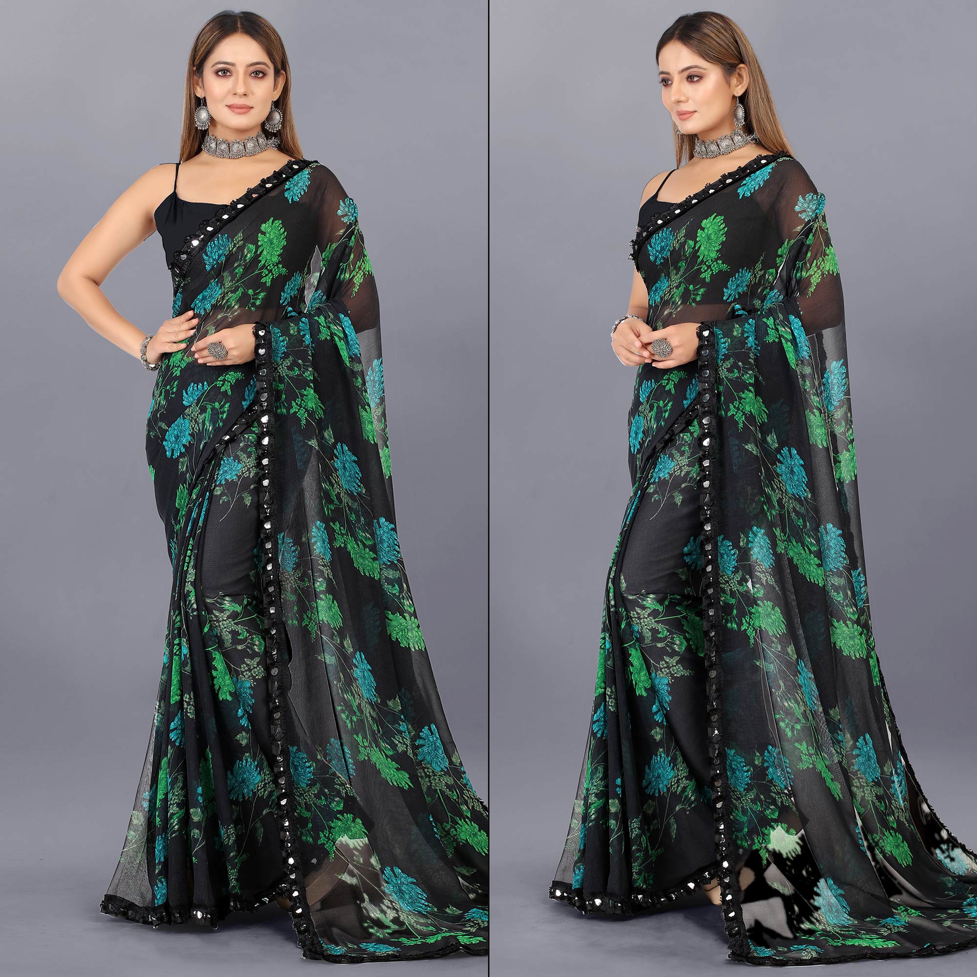 Black Floral Printed Georgette Saree With Lace Border