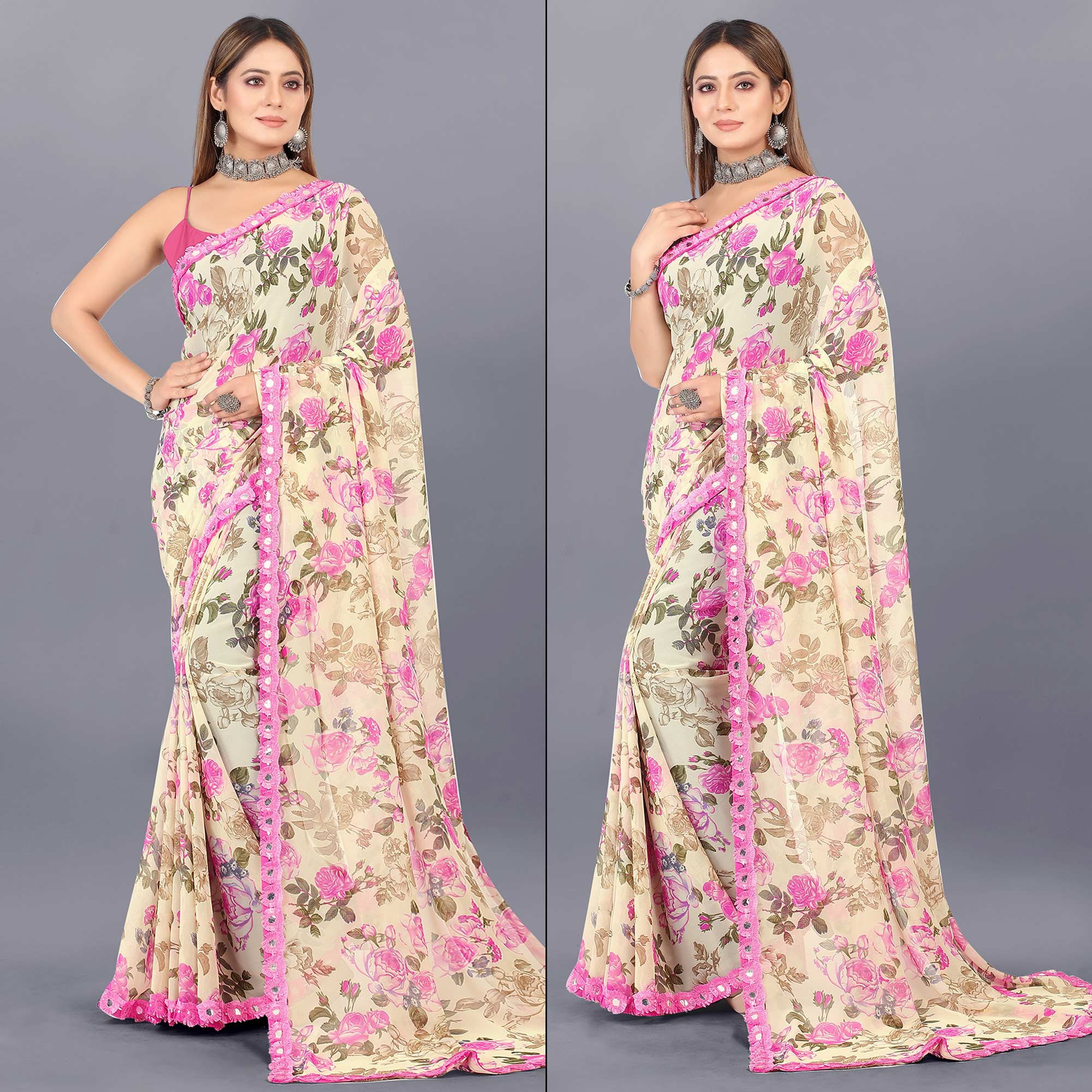 Cream Floral Printed Georgette Saree With Lace Border