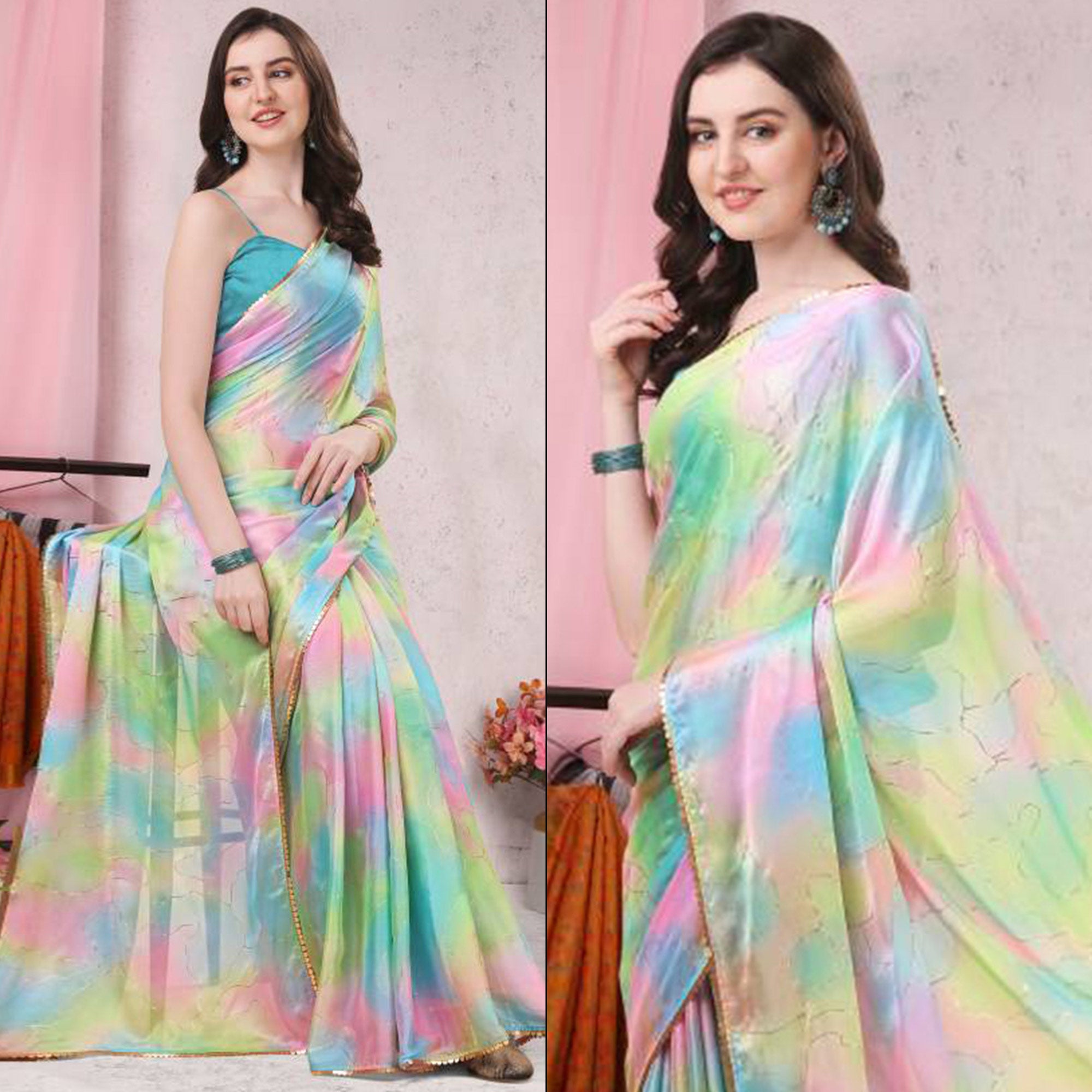 Multicolor Foil Printed Chiffon Saree With Fancy Border