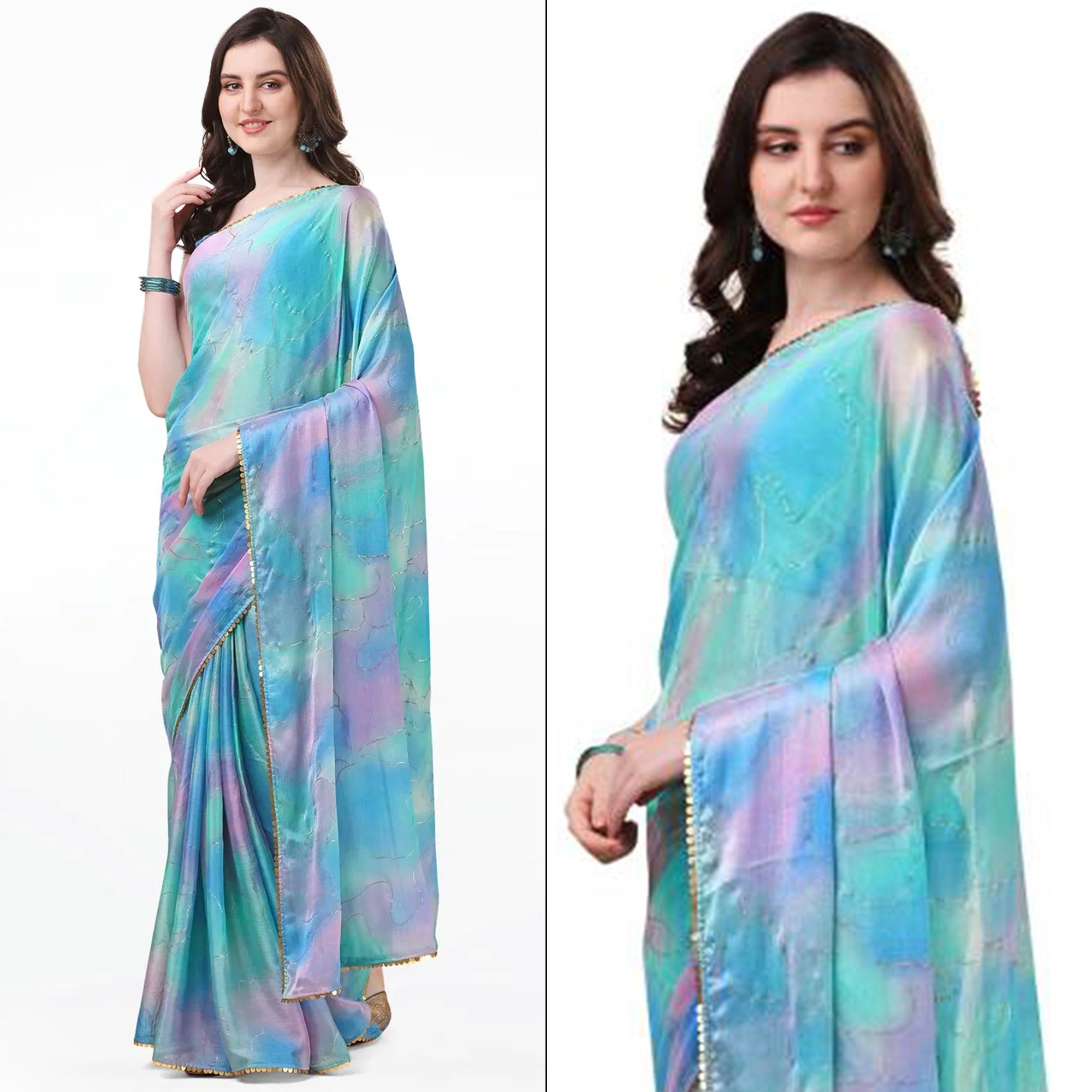 Sky Blue Foil Printed Chiffon Saree With Fancy Border