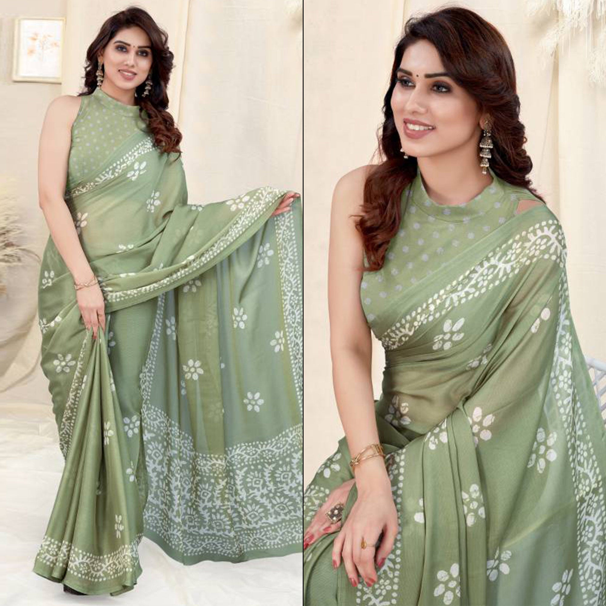 Green Floral Printed Chiffon Saree