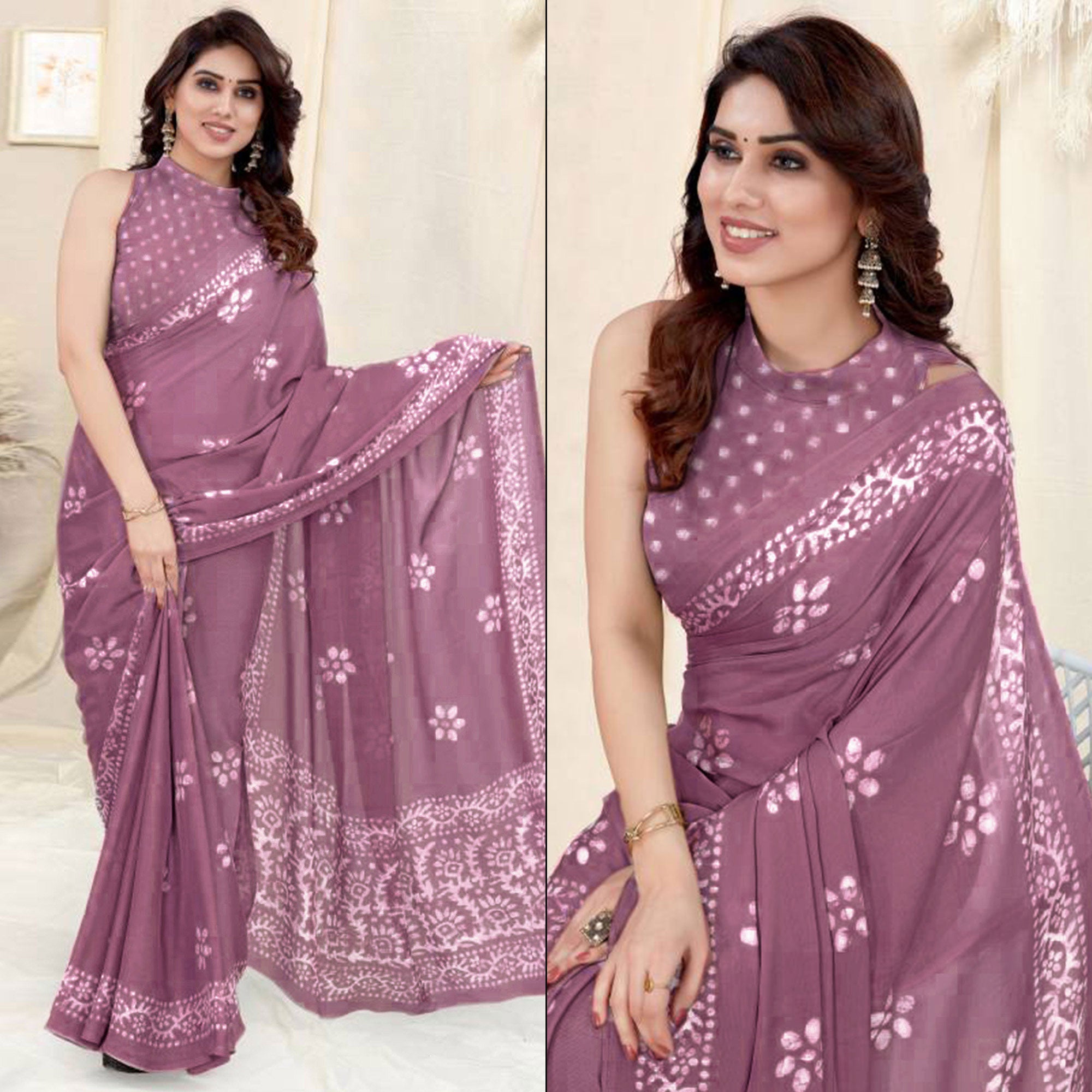 Mauve Floral Printed Chiffon Saree