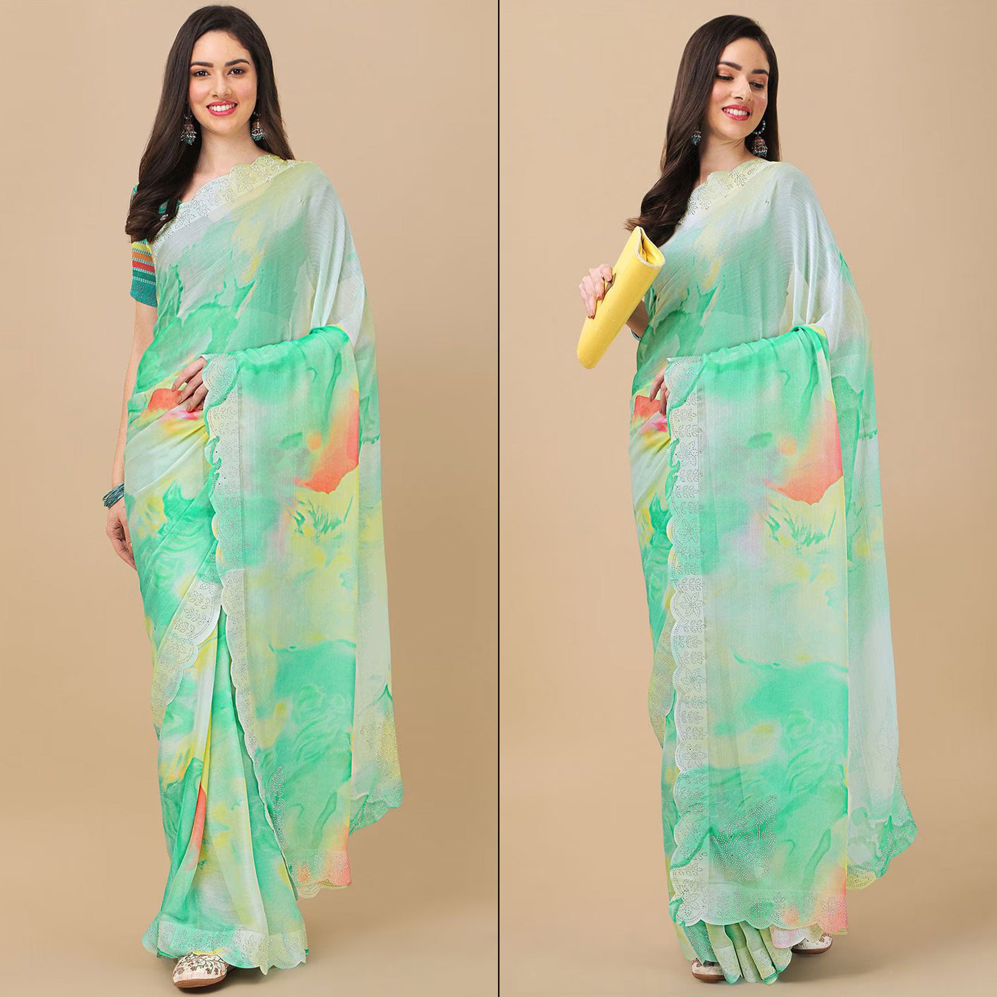 Light Green Printed With Swarovski Work Chiffon Saree