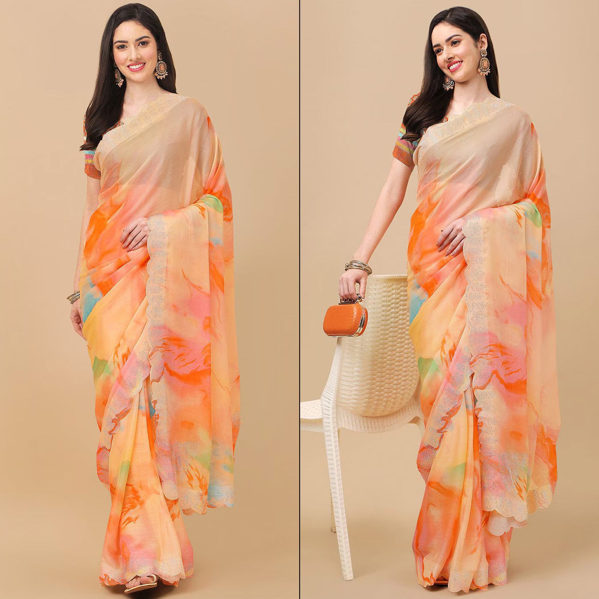 Orange Printed With Swarovski Work Chiffon Saree