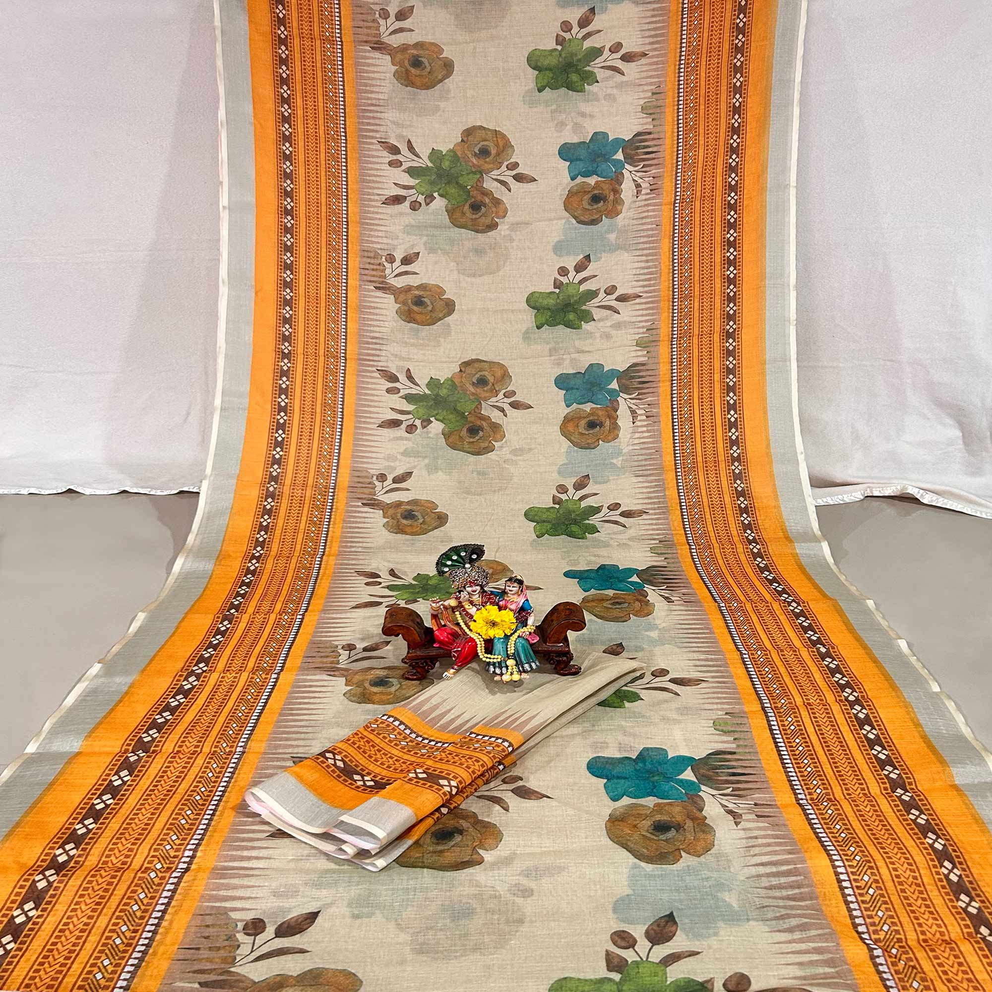 Beige Floral Digital Printed Linen Saree