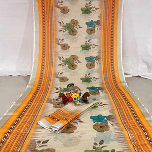 Beige Floral Digital Printed Linen Saree