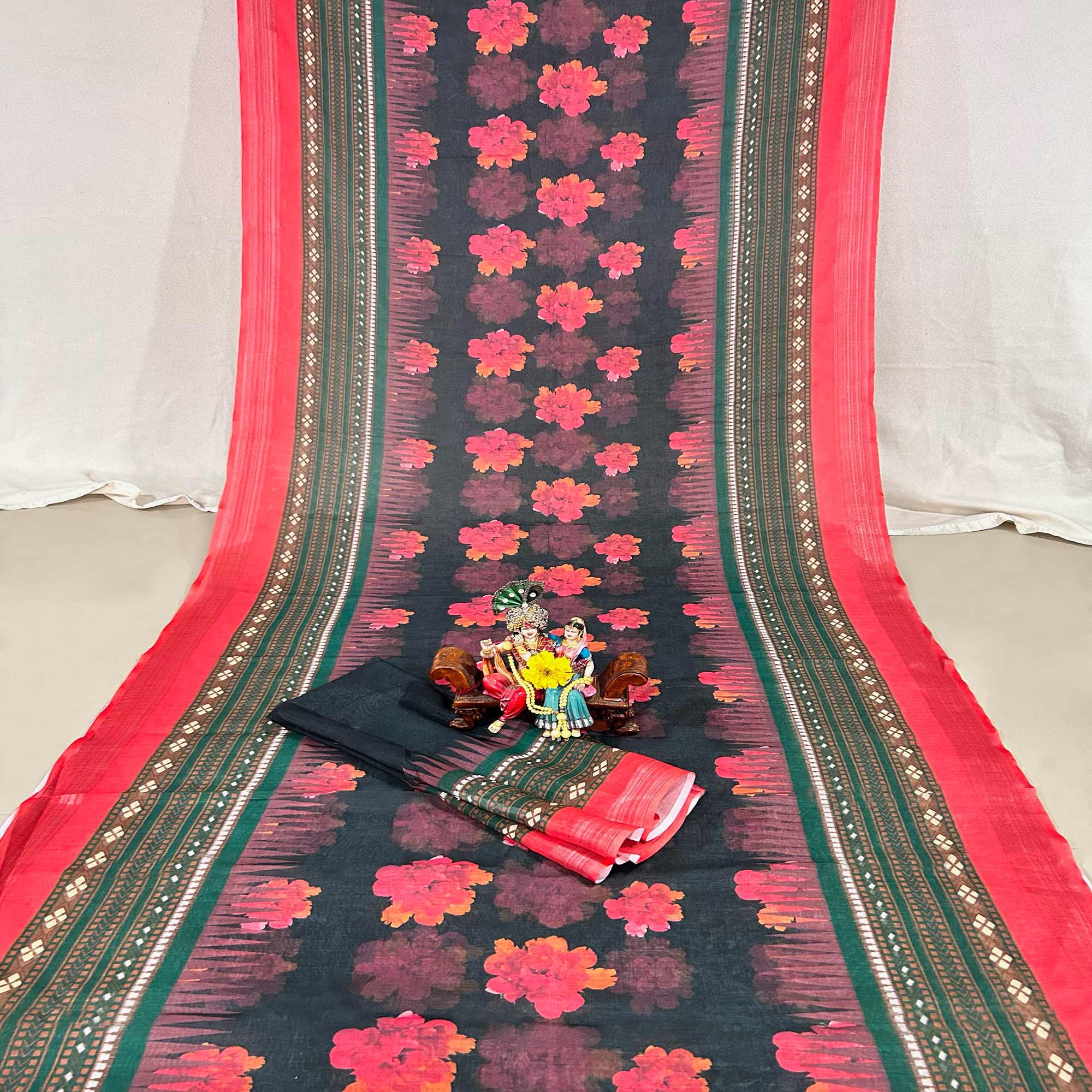 Black Floral Digital Printed Linen Saree