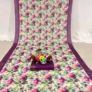 Wine Floral Digital Printed Linen Saree