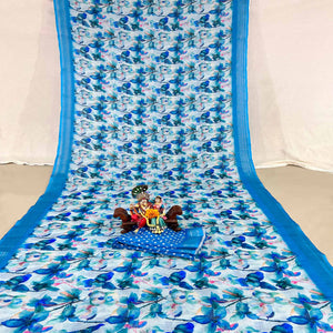 Blue Floral Digital Printed Linen Saree