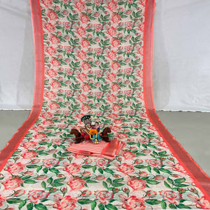 Peach Floral Digital Printed Linen Saree