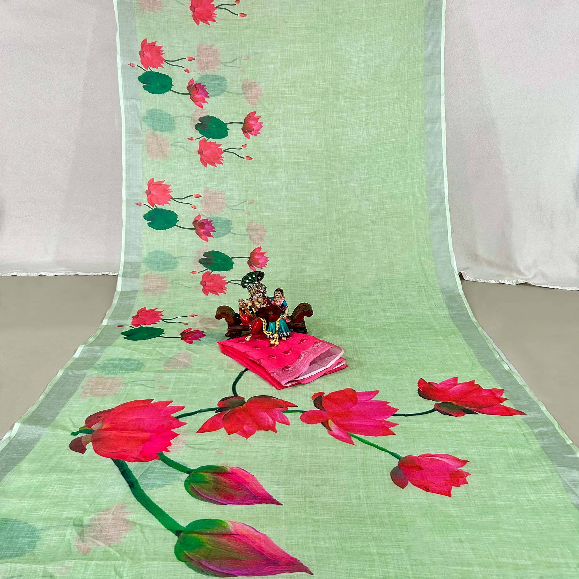 Green Floral Digital Printed Linen Saree