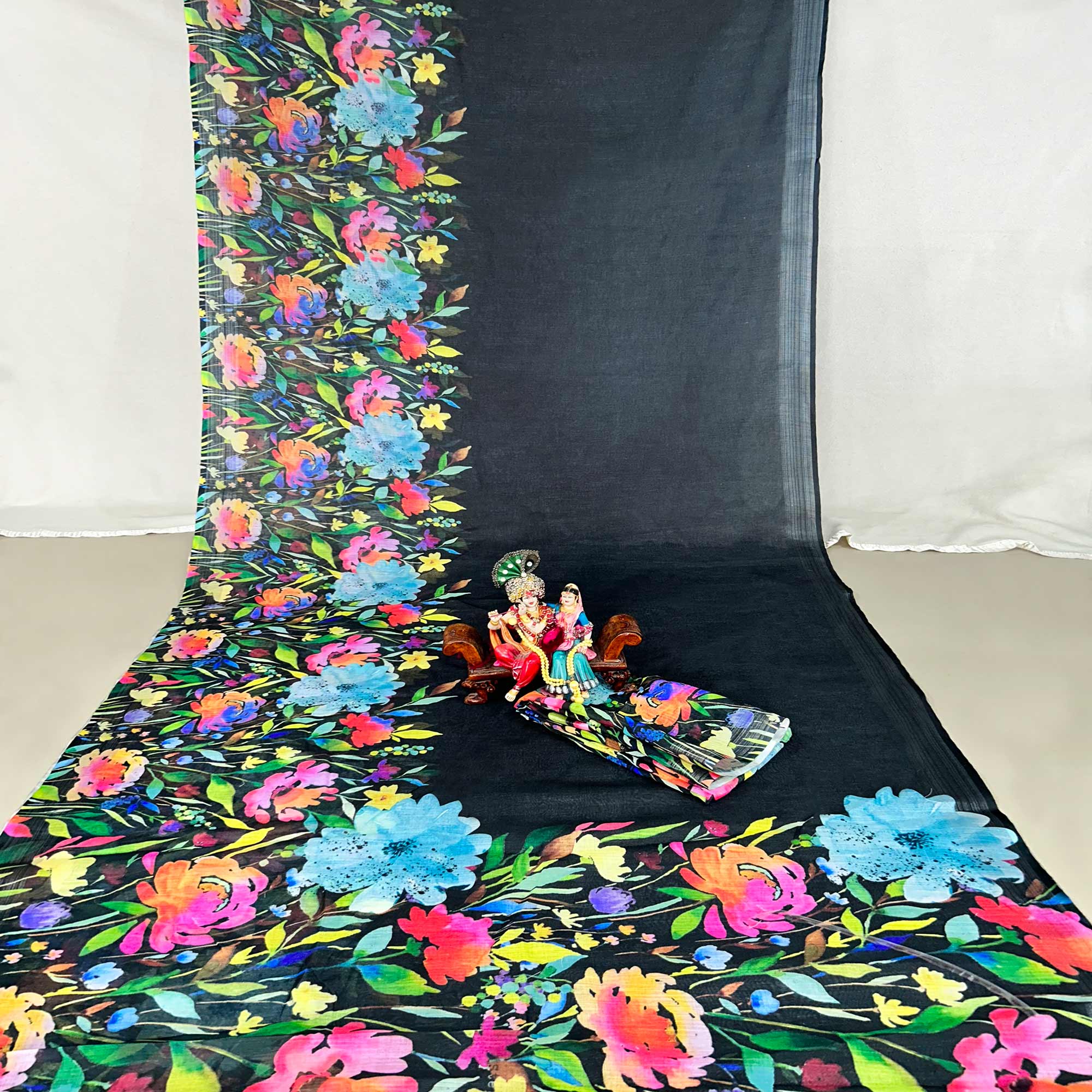 Black Floral Digital Printed Linen Saree