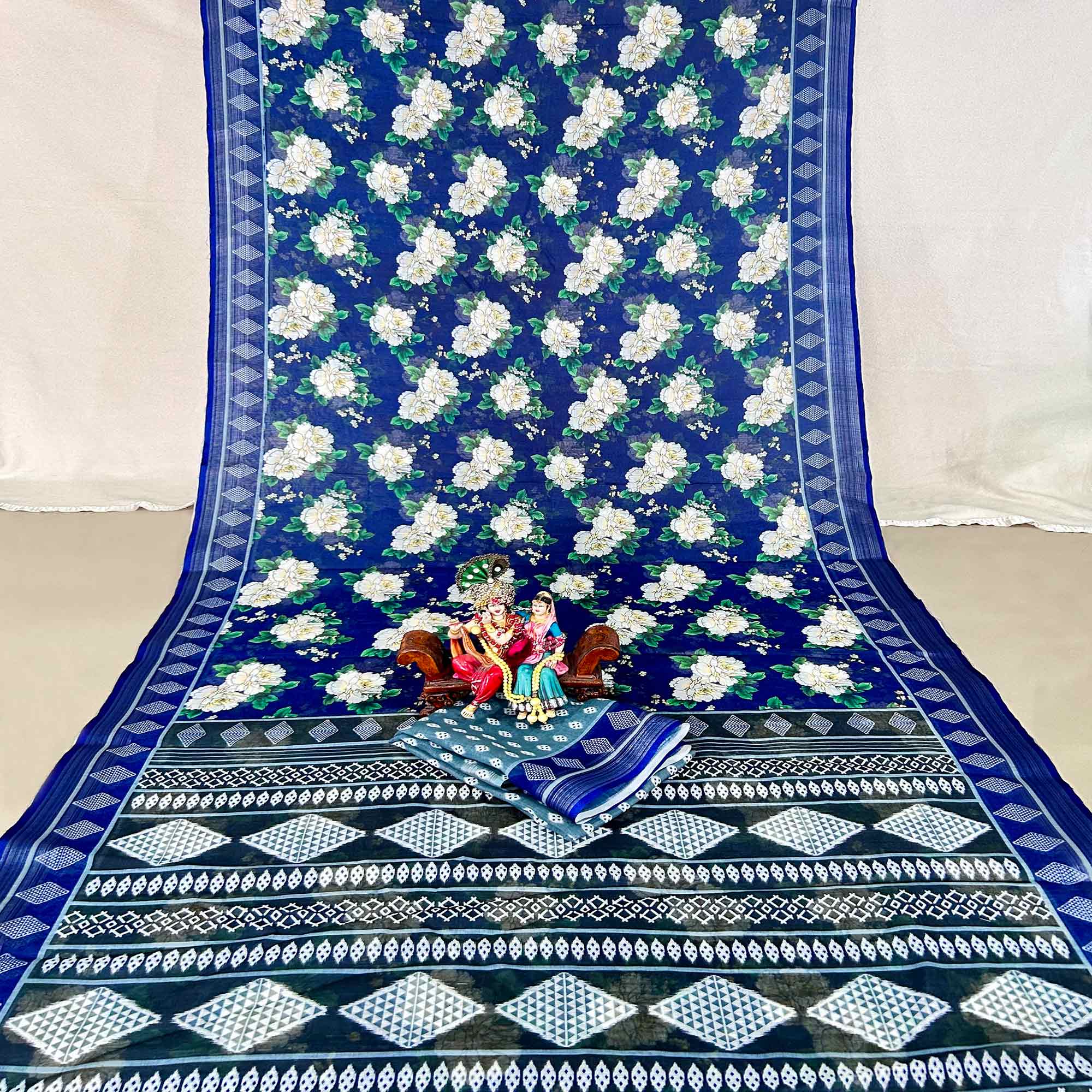 Blue Floral Digital Printed Linen Saree