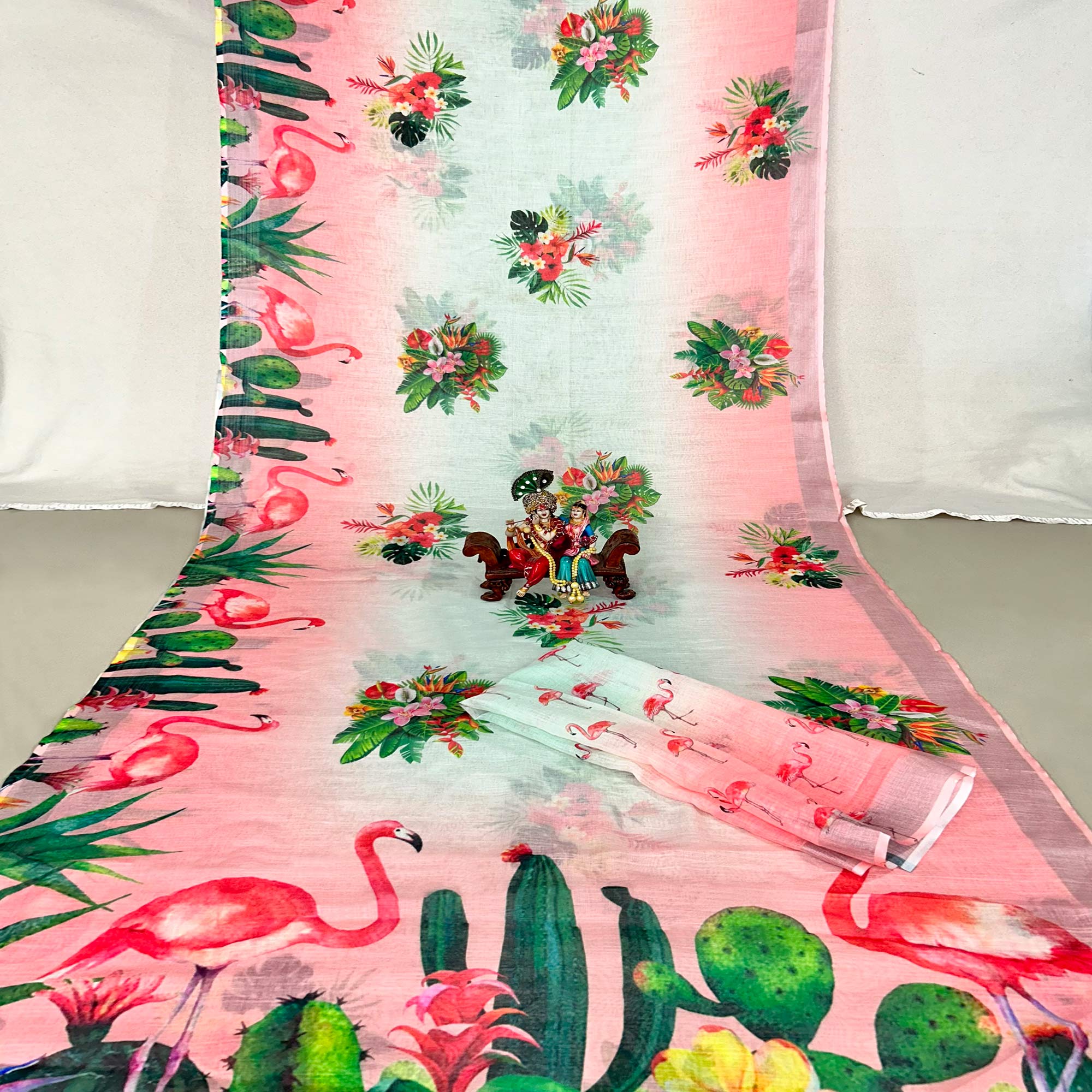 Peach Floral Digital Printed Linen Saree
