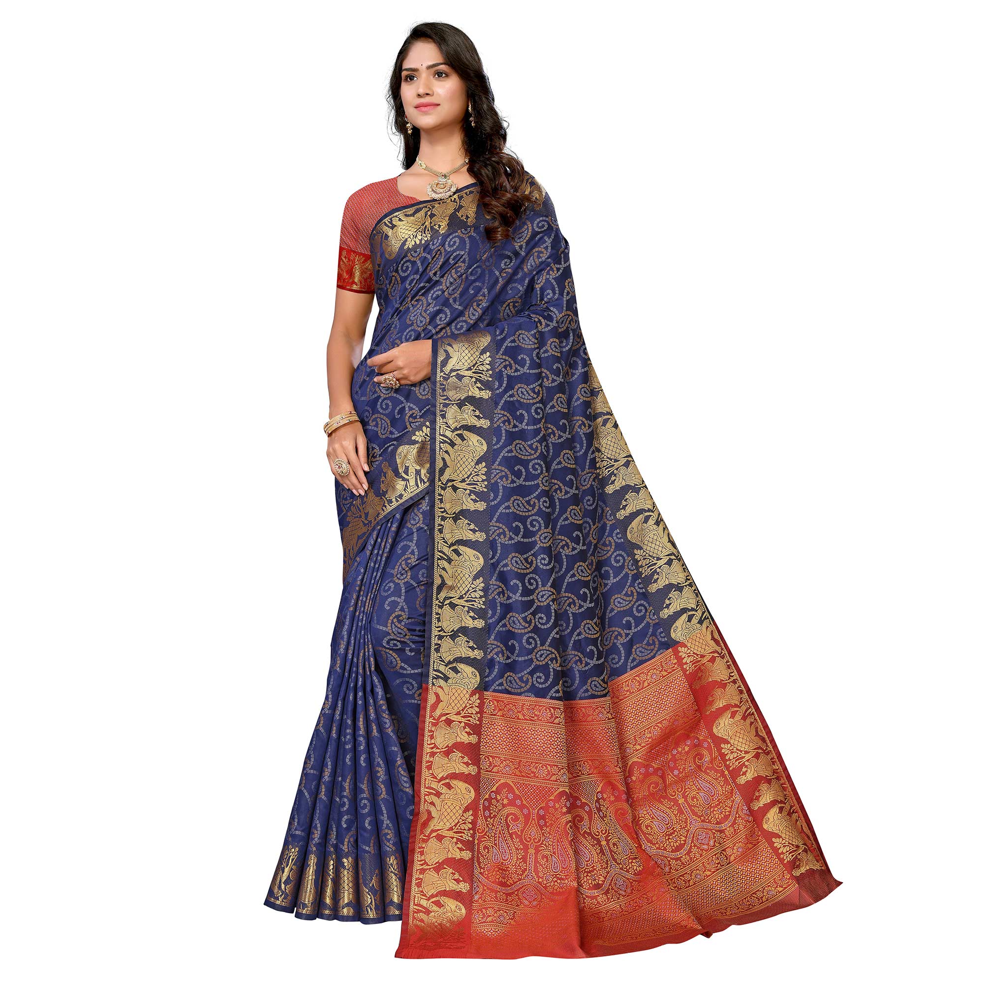 Navy Blue Woven Banarasi Silk Saree