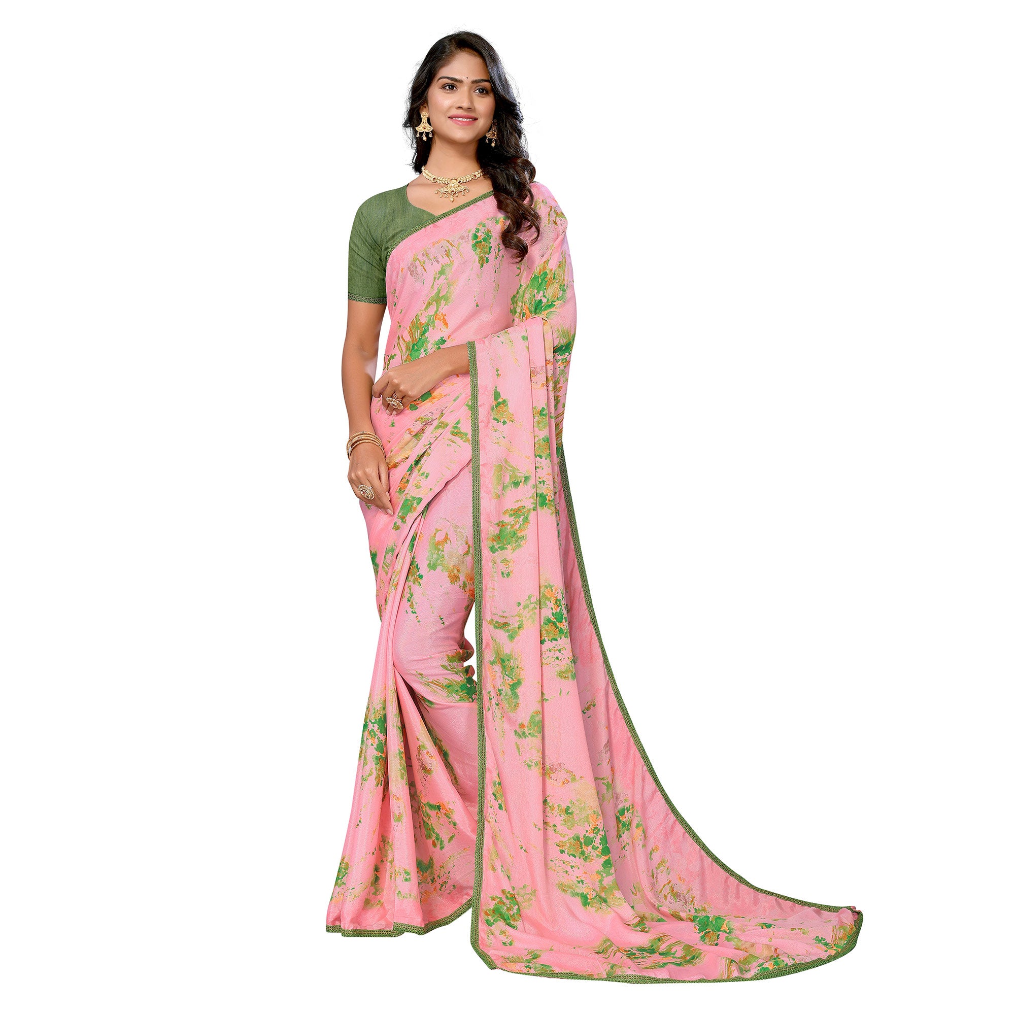 Baby Pink Printed Vichitra Silk Saree