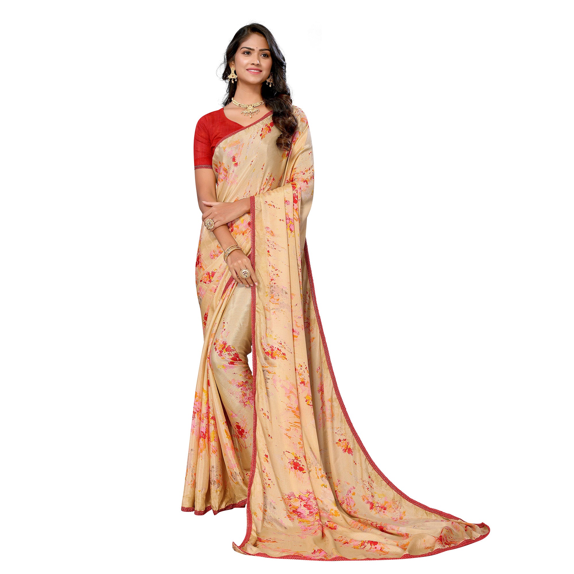 Beige Printed Vichitra Silk Saree