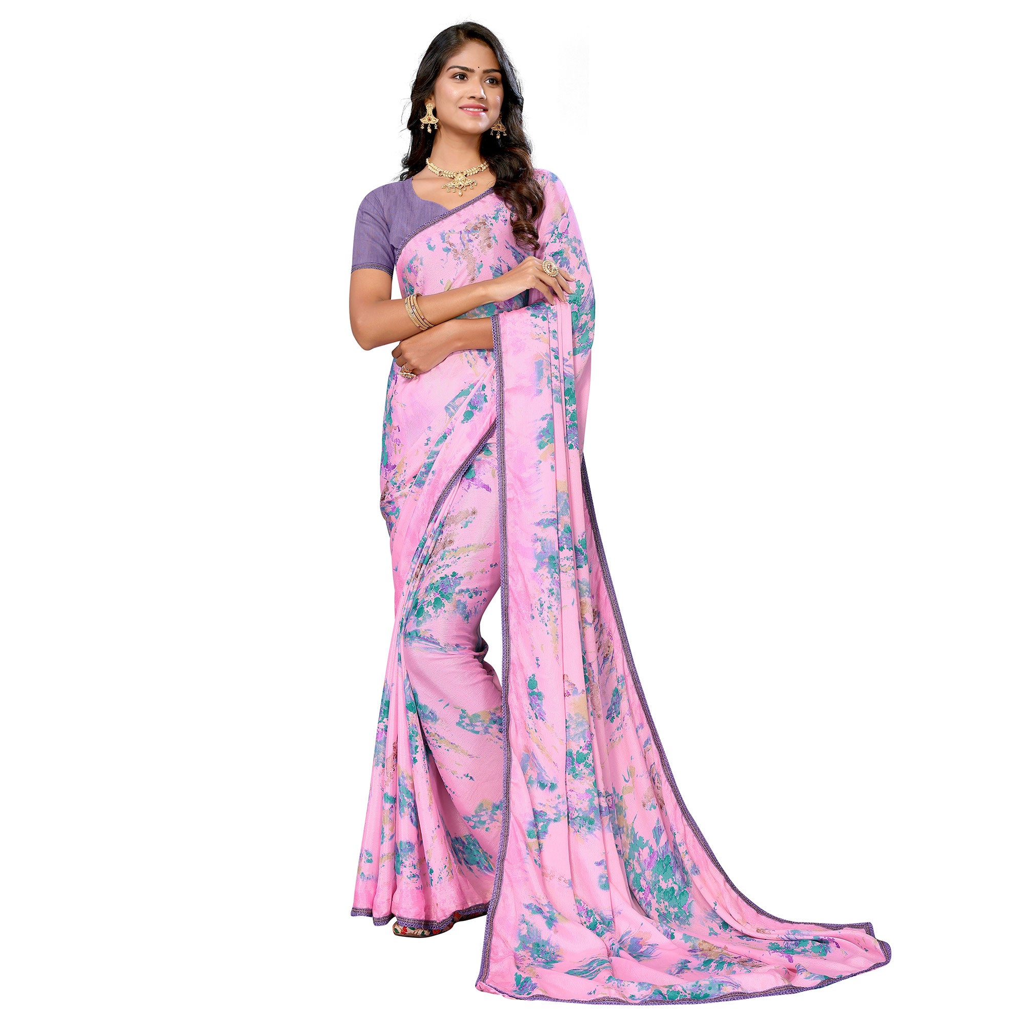 Pink Printed Vichitra Silk Saree