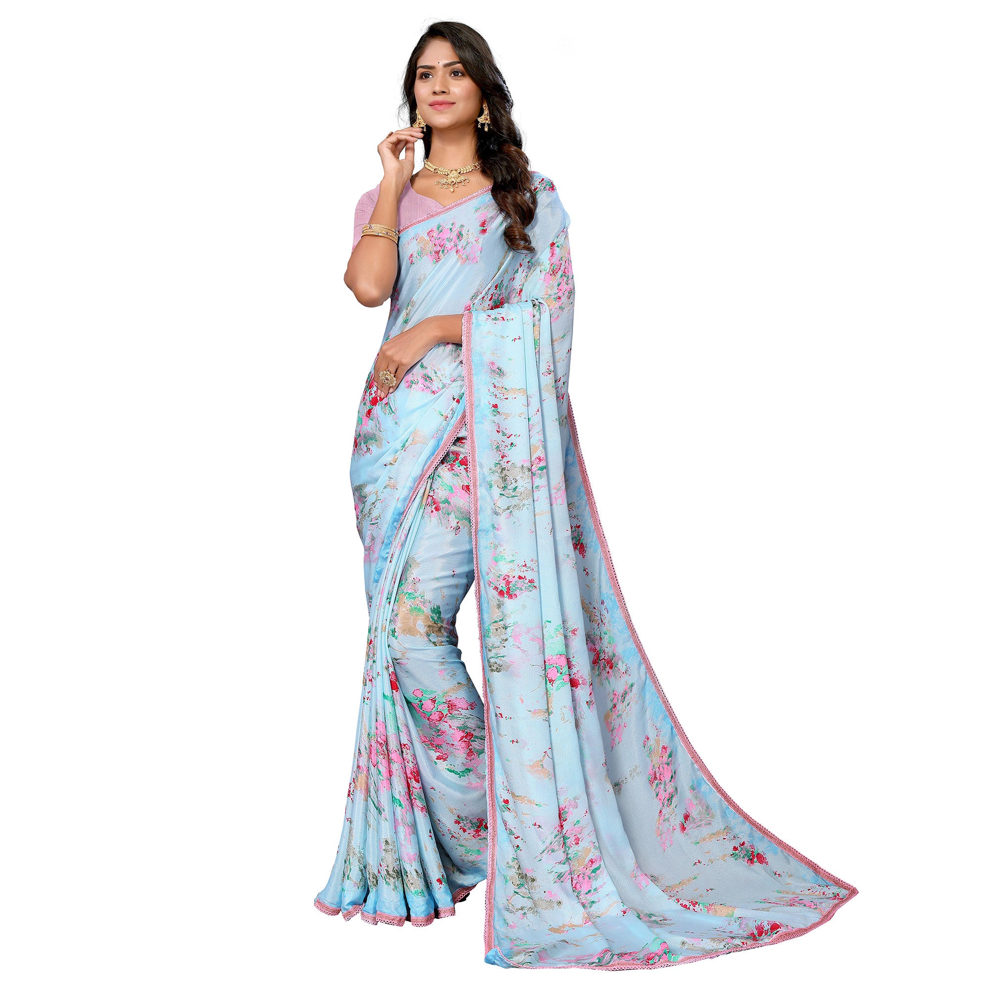 Sky Blue Printed Vichitra Silk Saree