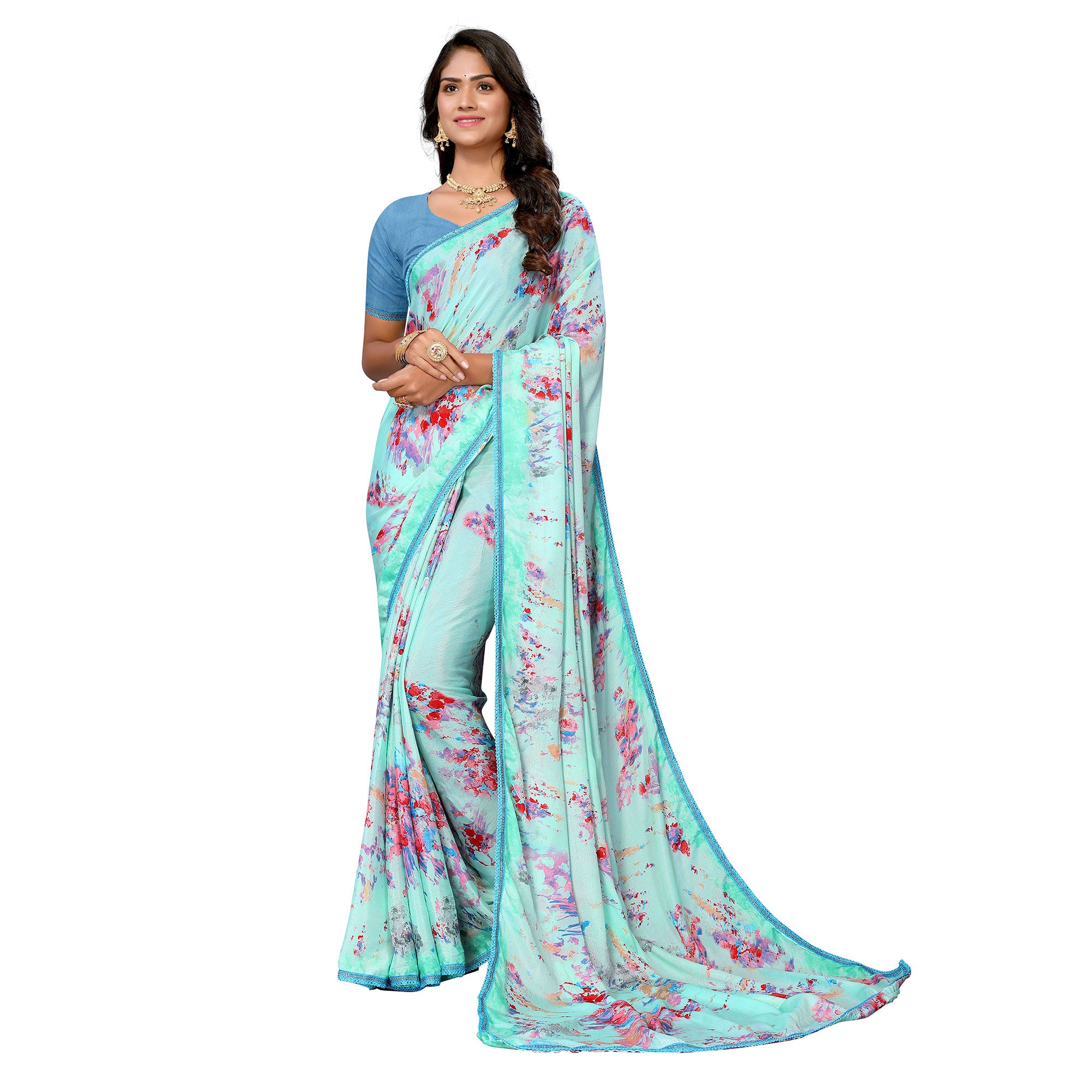 Turquoise  Printed Vichitra Silk Saree