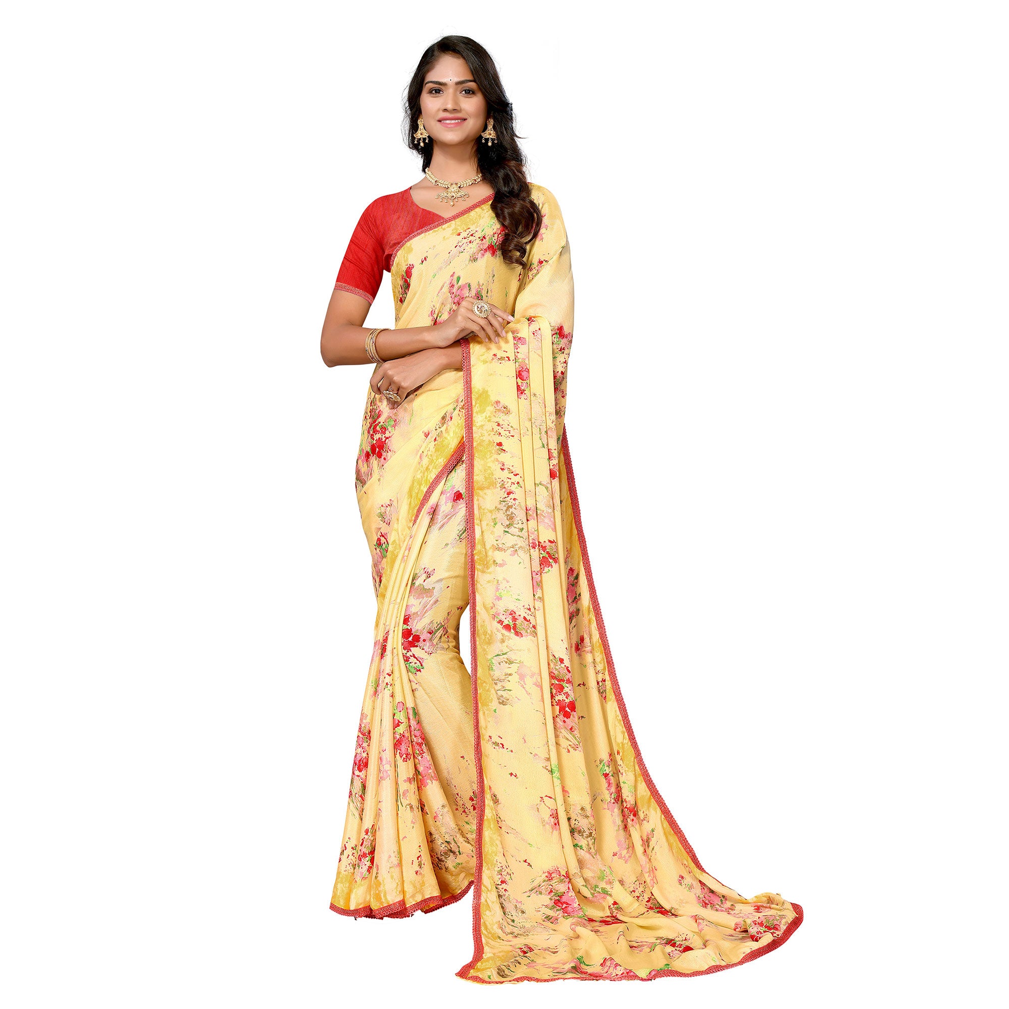 Yellow Printed Vichitra Silk Saree