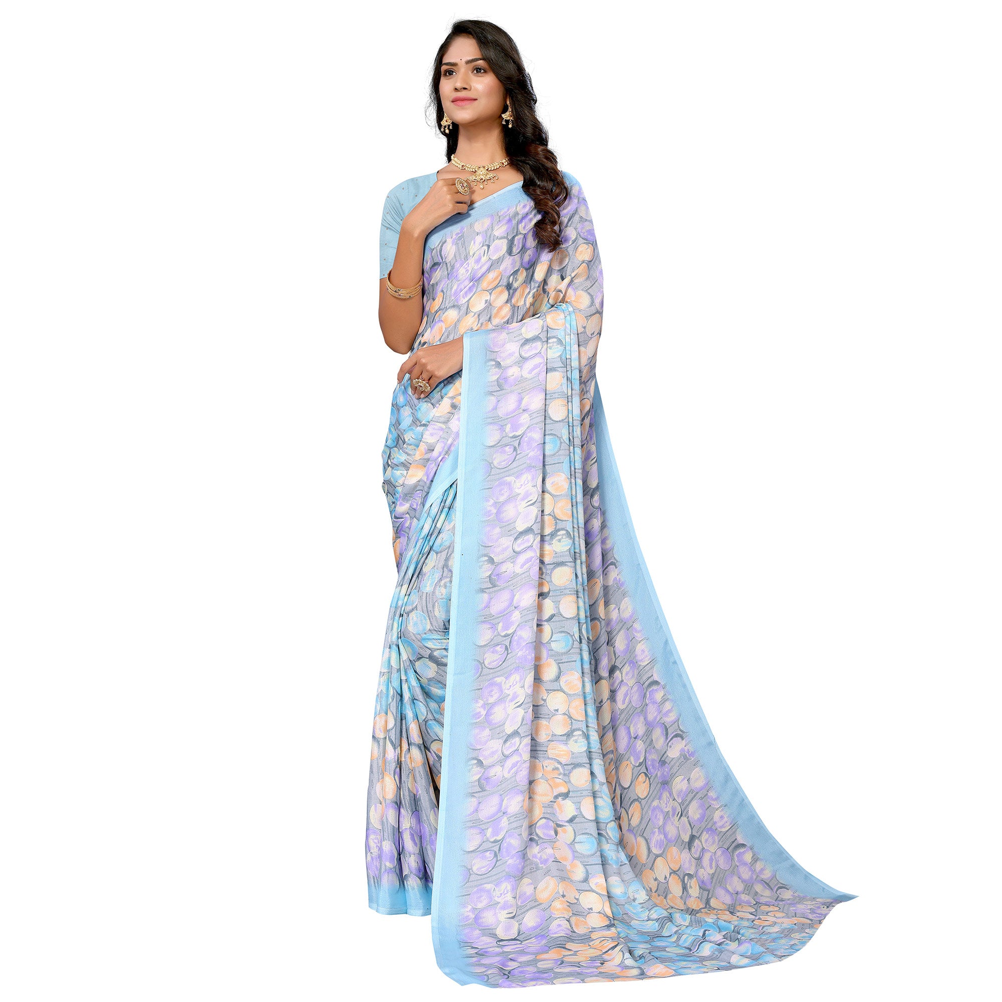 Blue Geometric Printed Vichitra Silk Saree