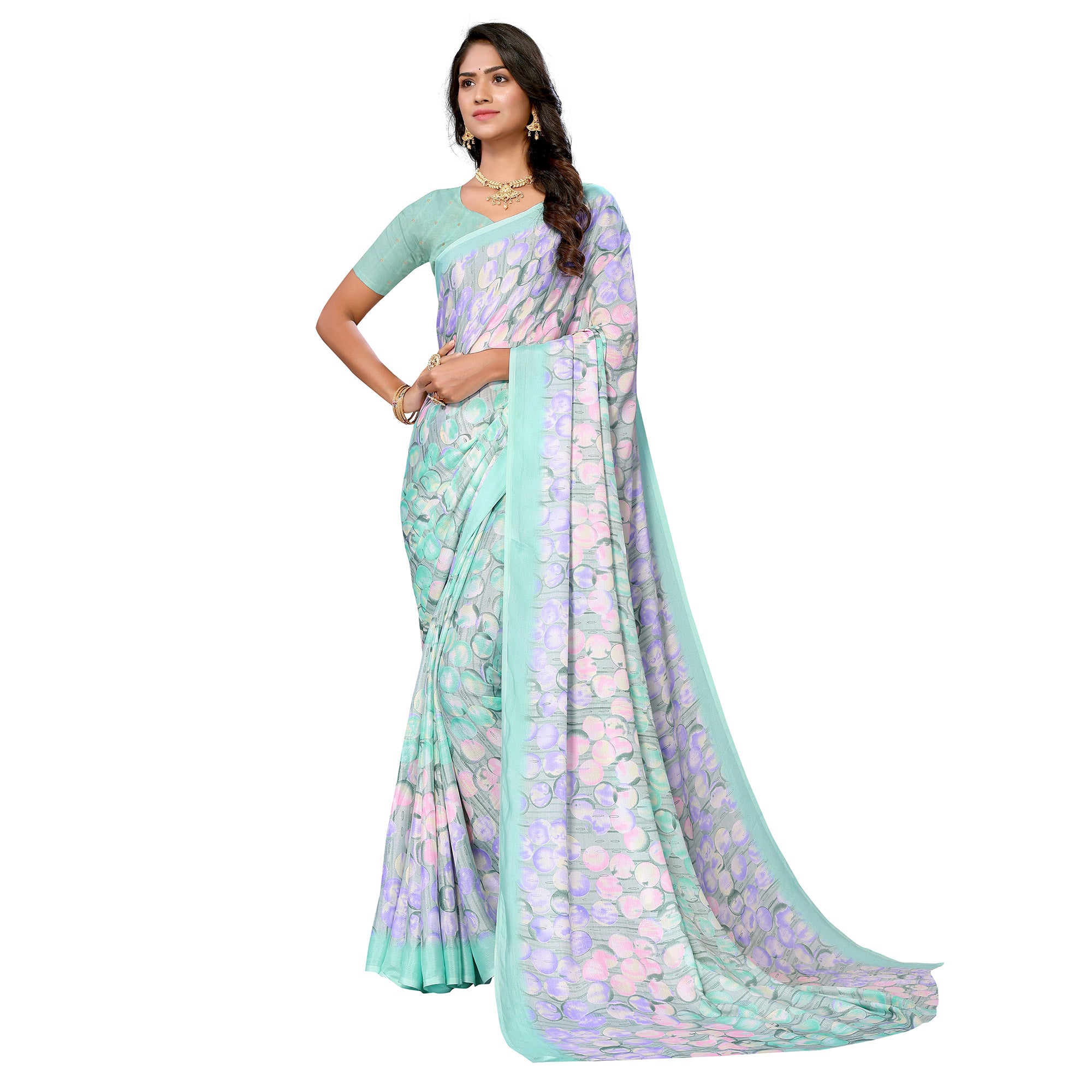 Light Turquoise Geometric Printed Vichitra Silk Saree