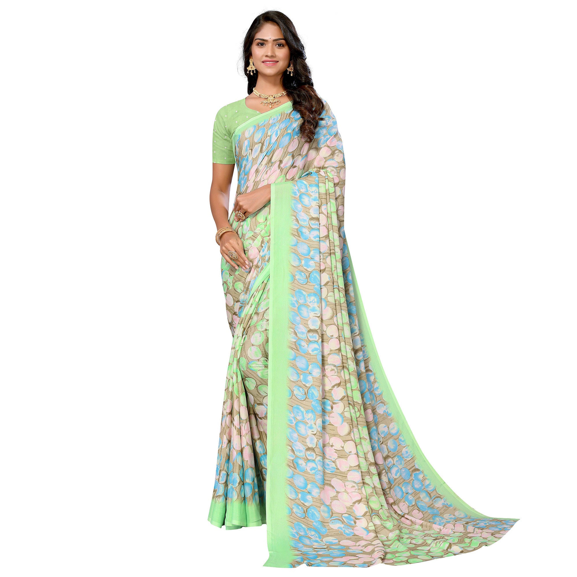 Parrot Green Geometric Printed Vichitra Silk Saree