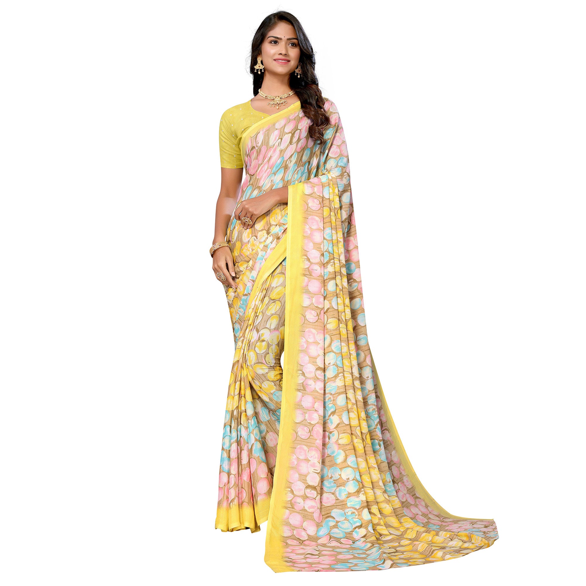 Yellow Geometric Printed Vichitra Silk Saree