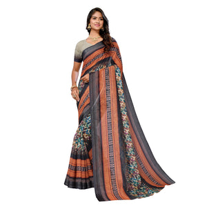 Beige & Black Digital Floral Printed Linen Saree