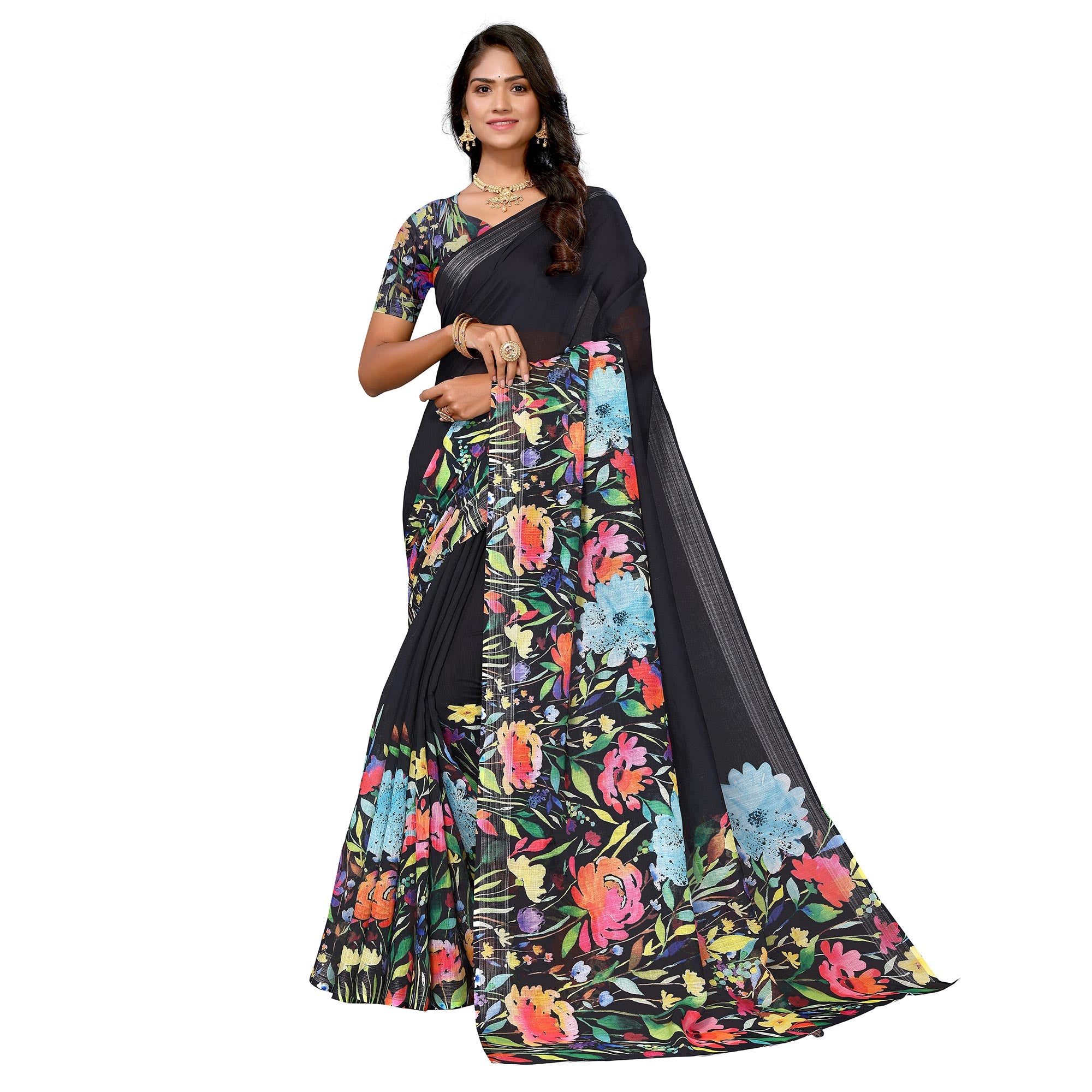 Black Digital Floral Printed Linen Saree