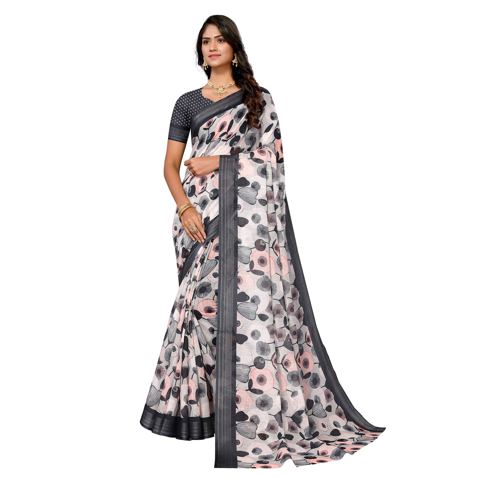 Grey & Black Digital Floral Printed Linen Saree