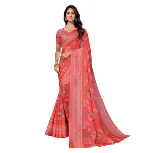 Red Digital Floral Printed Linen Saree