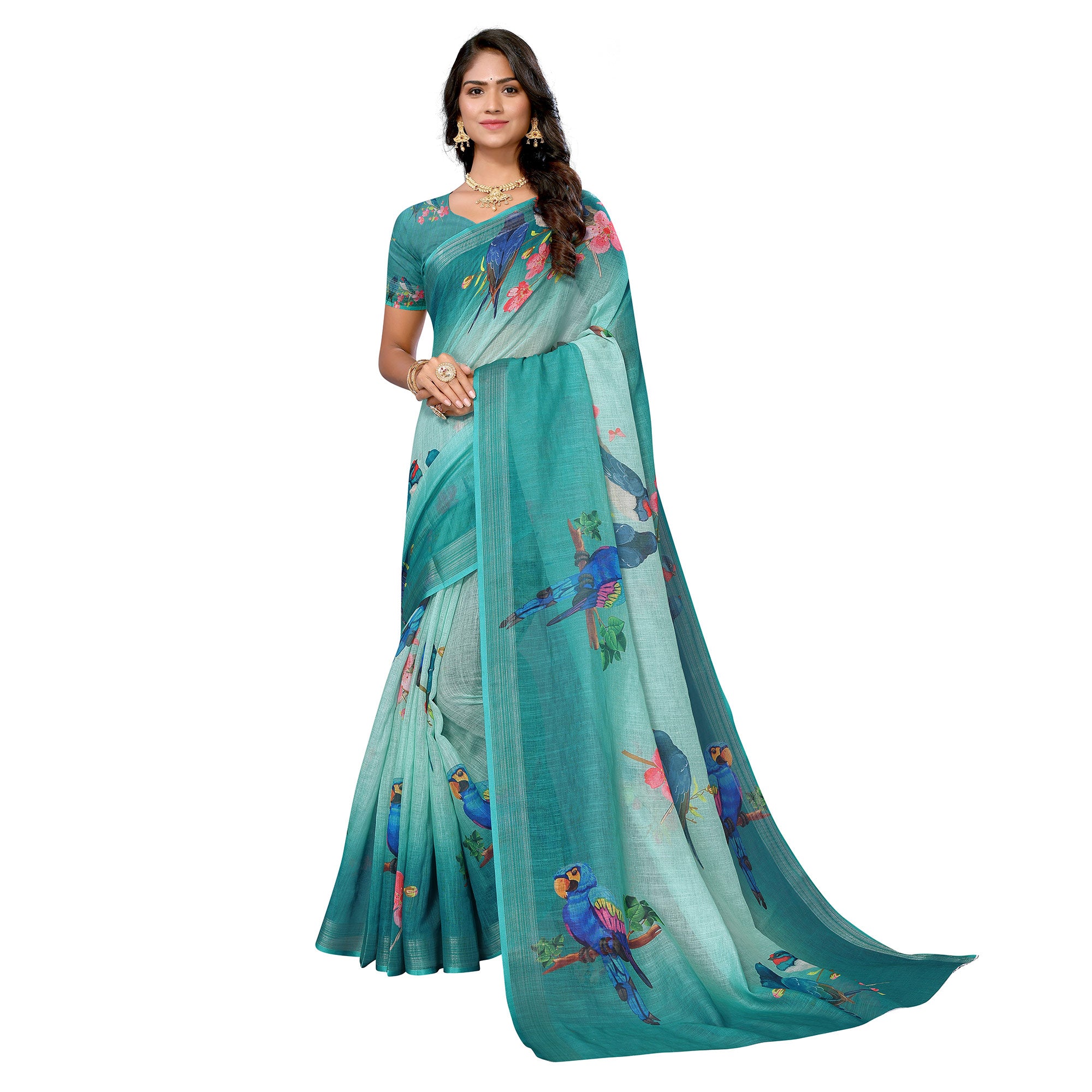 Teal Blue Digital Floral Printed Linen Saree